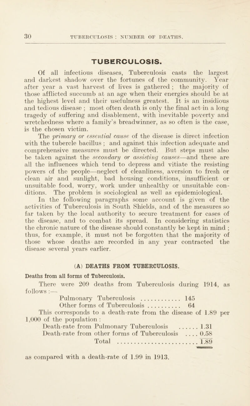 TUBERCULOSIS. Of all infectious diseases, Tuberculosis casts the largest and darkest shadow over the fortunes of the community. Year after year a vast harvest of lives is gathered ; the majority of those afflicted succumb at an age when their energies should be at the highest level and their usefulness greatest. It is an insidious and tedious disease ; most often death is only the final act in a long tragedy of suffering and disablement, with inevitable poverty and wretchedness where a family’s breadwinner, as so often is the case, is the chosen victim. The 'primary or essential cause of the disease is direct infection with the tubercle bacillus ; and against this infection adequate and comprehensive measures must be directed. But steps must also be taken against the secondary or assisting causes—and these are all the influences which tend to depress and vitiate the resisting powers of the people—neglect of cleanliness, aversion to fresh or clean air and sunlight, bad housing conditions, insufficient or unsuitable food, worry, work under unhealthy or unsuitable con¬ ditions. The problem is sociological as well as epidemiological. In the following paragraphs some account is given of the activities of Tuberculosis in South Shields, and of the measures so far taken by the local authority to secure treatment for cases of the disease, and to combat its spread. In considering statistics the chronic nature of the disease should constantly be kept in mind ; thus, for example, it must not be forgotten that the majority of those whose deaths are recorded in any year contracted the disease several years earlier. (A) DEATHS FROM TUBERCULOSIS. Deaths from all forms of Tuberculosis. There were 209 deaths from Tuberculosis during 1914, as follows :— Pulmonary Tuberculosis . 145 Other forms of Tuberculosis. 64 This corresponds to a death-rate from the disease of 1.89 per 1,000 of the population : Death-rate from Pulmonary Tuberculosis .1.31 Death-rate from other forms of Tuberculosis .... 0.58 Total .L89 as compared with a death-rate of 1.99 in 1913.