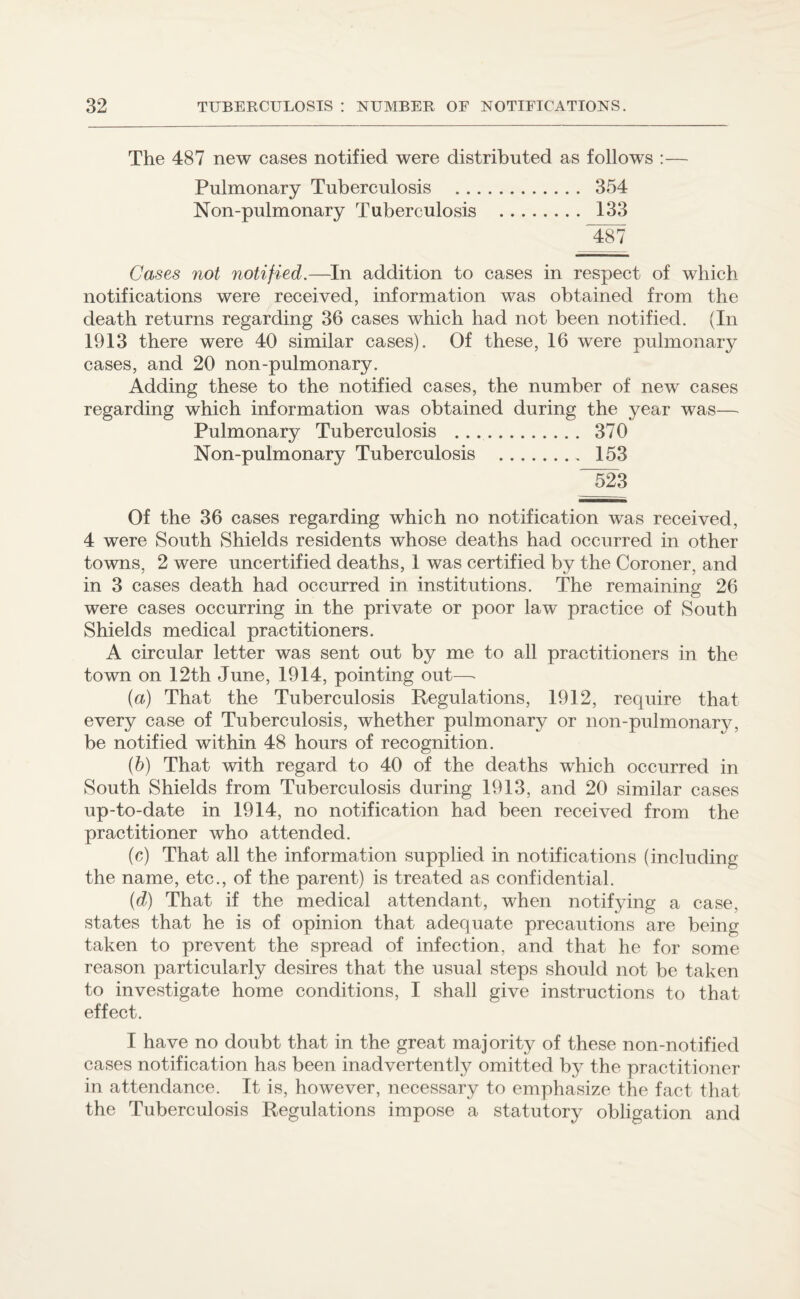 The 487 new cases notified were distributed as follows :— Pulmonary Tuberculosis . 354 Non-pulmonary Tuberculosis . 133 Cases not notified.—In addition to cases in respect of which notifications were received, information was obtained from the death returns regarding 36 cases which had not been notified. (In 1913 there were 40 similar cases). Of these, 16 were pulmonary cases, and 20 non-pulmonary. Adding these to the notified cases, the number of new cases regarding which information was obtained during the year was— Pulmonary Tuberculosis . 370 Non-pulmonary Tuberculosis . 153 ~523 Of the 36 cases regarding which no notification was received, 4 were South Shields residents whose deaths had occurred in other towns, 2 were uncertified deaths, 1 was certified by the Coroner, and in 3 cases death had occurred in institutions. The remaining 26 were cases occurring in the private or poor law practice of South Shields medical practitioners. A circular letter was sent out by me to all practitioners in the town on 12th June, 1914, pointing out— (a) That the Tuberculosis Regulations, 1912, require that every case of Tuberculosis, whether pulmonary or non-pulmonary, be notified within 48 hours of recognition. (b) That with regard to 40 of the deaths which occurred in South Shields from Tuberculosis during 1913, and 20 similar cases up-to-date in 1914, no notification had been received from the practitioner who attended. (c) That all the information supplied in notifications (including the name, etc., of the parent) is treated as confidential. {d) That if the medical attendant, when notifying a case, states that he is of opinion that adequate precautions are being taken to prevent the spread of infection, and that he for some reason particularly desires that the usual steps should not be taken to investigate home conditions, I shall give instructions to that effect. I have no doubt that in the great majority of these non-notified cases notification has been inadvertently omitted by the practitioner in attendance. It is, however, necessary to emphasize the fact that the Tuberculosis Regulations impose a statutory obligation and