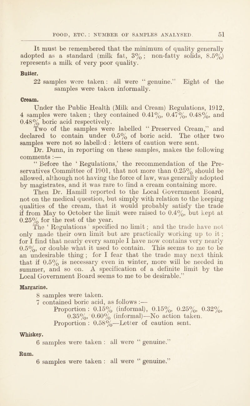 It must be remembered that the minimum of quality generally adopted as a standard (milk fat, 3% ; non-fatty solids, 8.5%) represents a milk of very poor quality. Butter. 22 samples were taken : all were 44 genuine.” Eight of the samples were taken informally. Cream. Under the Public Health (Milk and Cream) Regulations, 1912, 4 samples were taken; they contained 0.41%, 0.47%, 0.48%, and 0.48% boric acid respectively. Two of the samples were labelled 44 Preserved Cream,” and declared to contain under 0.5% of boric acid. The other two samples were not so labelled : letters of caution were sent. Dr. Dunn, in reporting on these samples, makes the following comments :— 44 Before the 4 Regulations,’ the recommendation of the Pre¬ servatives Committee of 1901, that not more than 0.25% should be allowed, although not having the force of law, was generally adopted by magistrates, and it was rare to find a cream containing more. Then Dr. Hamill reported to the Local Government Board, not on the medical question, but simply with relation to the keeping qualities of the cream, that it would probably satisfy the trade if from May to October the limit were raised to 0.4%, but kept at 0.25% for the rest of the year. The 4 Regulations 5 specified no limit; and the trade have not only made their own limit but are practically working up to it; for I find that nearly every sample I have now contains very nearly 0.5%, or double what it used to contain. This seems to me to be an undesirable thing ; for I fear that the trade may next think that if 0.5% is necessary even in winter, more will be needed in summer, and so on. A specification of a definite limit by the Local Government Board seems to me to be desirable.” Margarine. 8 samples were taken. 7 contained boric acid, as follows :— Proportion : 0.15% (informal), 0.15%, 0.25%, 0.32%, 0.35%, 0.60% (informal)—No action taken. Proportion : 0.58%—Letter of caution sent. Whiskey. 6 samples were taken : all were 44 genuine.” Rum. 6 samples were taken : all were 44 genuine.”