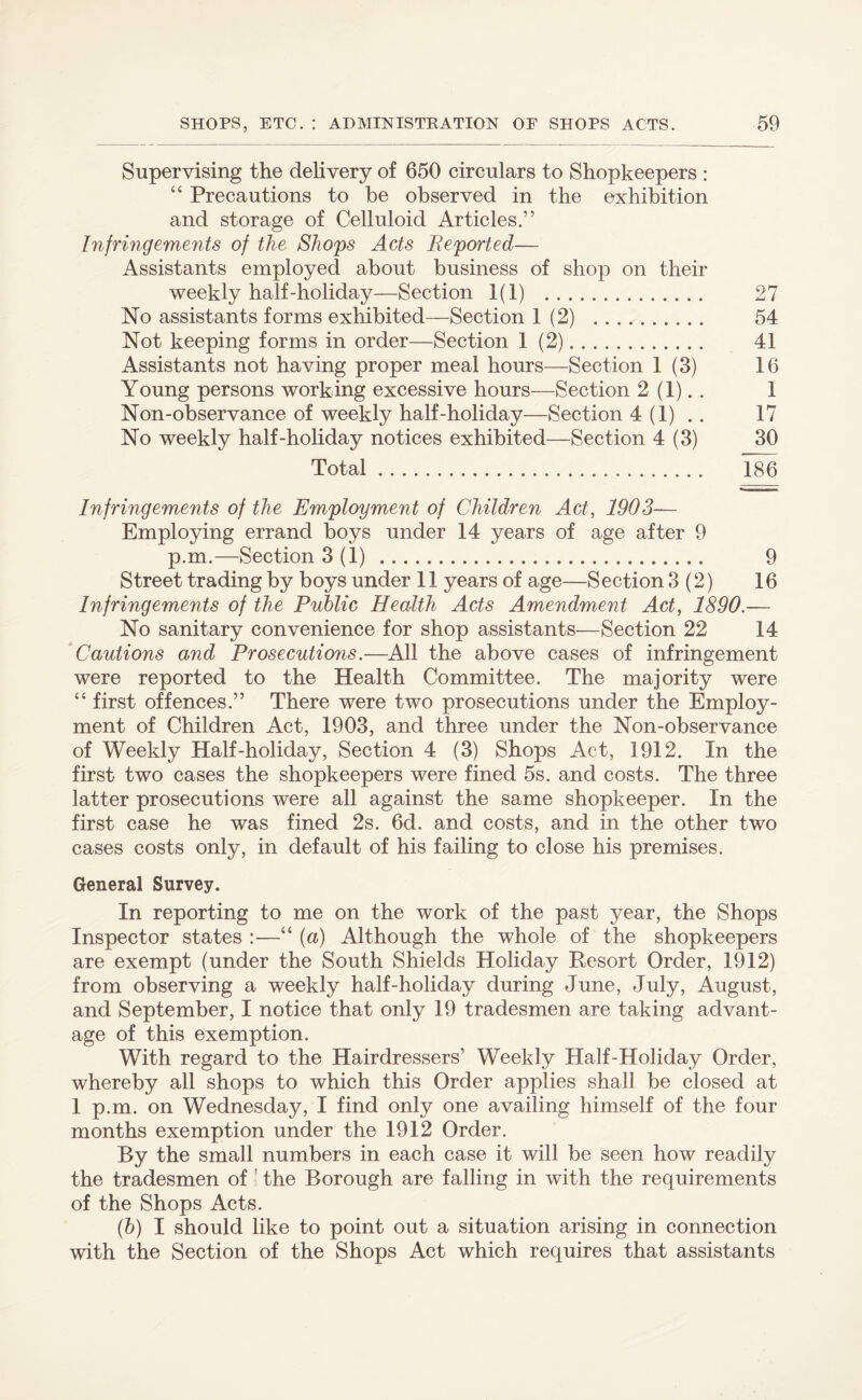 Supervising the delivery of 650 circulars to Shopkeepers : “ Precautions to be observed in the exhibition and storage of Celluloid Articles.” Infringements of the Shops Acts Reported— Assistants employed about business of shop on their weekly half-holiday—Section 1(1) . 27 No assistants forms exhibited—Section 1 (2) . 54 Not keeping forms in order—Section 1(2). 41 Assistants not having proper meal hours—Section 1 (3) 16 Young persons working excessive hours—Section 2(1).. 1 Non-observance of weekly half-holiday—Section 4(1).. 17 No weekly half-holiday notices exhibited—Section 4 (3) 30 Total. 186 Infringements of the Employment of Children Act, 1903— Employing errand boys under 14 years of age after 9 p.m.—Section 3(1) . 9 Street trading by boys under 11 years of age—Section 3(2) 16 Infringements of the Public Health Acts Amendment Act, 1890.— No sanitary convenience for shop assistants—Section 22 14 Cautions and Prosecutions.—All the above cases of infringement were reported to the Health Committee. The majority were “ first offences.” There were two prosecutions under the Employ¬ ment of Children Act, 1903, and three under the Non-observance of Weekly Half-holiday, Section 4 (3) Shops Act, 1912. In the first two cases the shopkeepers were fined 5s. and costs. The three latter prosecutions were all against the same shopkeeper. In the first case he was fined 2s. 6d. and costs, and in the other two cases costs only, in default of his failing to close his premises. General Survey. In reporting to me on the work of the past year, the Shops Inspector states :—44 (a) Although the whole of the shopkeepers are exempt (under the South Shields Holiday Resort Order, 1912) from observing a weekly half-holiday during June, July, August, and September, I notice that only 19 tradesmen are taking advant¬ age of this exemption. With regard to the Hairdressers’ Weekly Half-Holiday Order, whereby all shops to which this Order applies shall be closed at 1 p.m. on Wednesday, I find only one availing himself of the four months exemption under the 1912 Order. By the small numbers in each case it will be seen how readily the tradesmen of the Borough are falling in with the requirements of the Shops Acts. (b) I should like to point out a situation arising in connection with the Section of the Shops Act which requires that assistants