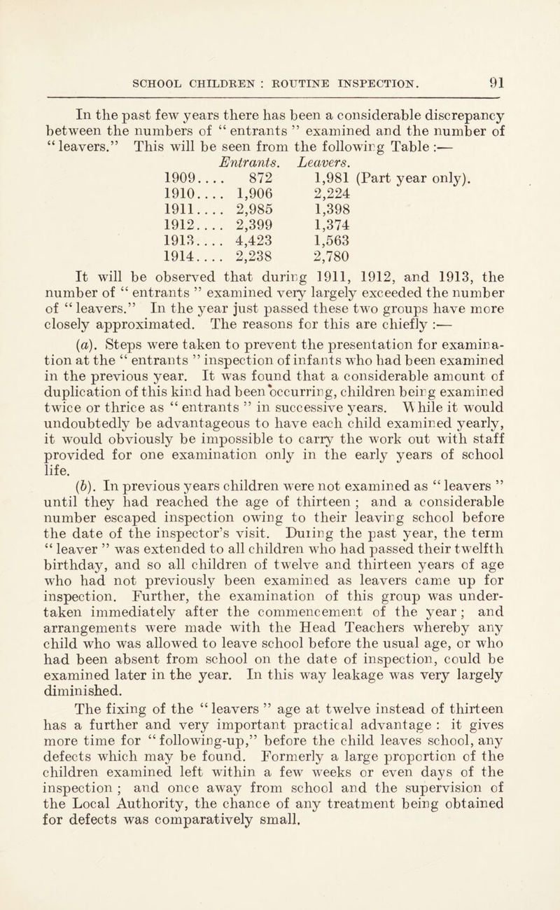 In the past few years there has been a considerable discrepancy between the numbers of “ entrants ” examined arid the number of “ leavers.” This will be seen from the followirg Table :•— Entrants. Leavers. 1909.... 872 1,981 (Part year only). 1910.... 1,906 2,224 1911.... 2,985 1,398 1912.... 2,399 1,374 1913.... 4,423 1,563 1914.... 2,238 2,780 It will be observed that during 1911, 1912, and 1913, the number of “ entrants ” examined very largely exceeded the number of “ leavers.” In the year just passed these two groups have more closely approximated. The reasons for this are chiefly :— (a) . Steps were taken to prevent the presentation for examina¬ tion at the “ entrants ” inspection of infants who had been examined in the previous year. It was found that a considerable amount of duplication of this kind had been occurring, children being examined twice or thrice as “ entrants ” in successive years. While it would undoubtedly be advantageous to have each child examined yearly, it would obviously be impossible to carry the work out with staff provided for one examination only in the early years of school life. (b) . In previous years children were not examined as “ leavers ” until they had reached the age of thirteen ; and a considerable number escaped inspection owing to their leaving school before the date of the inspector’s visit. Duiing the past year, the term “ leaver ” was extended to all children who had passed their twelfth birthday, and so all children of twelve and thirteen years of age who had not previously been examined as leavers came up for inspection. Further, the examination of this group was under¬ taken immediately after the commencement of the year; and arrangements were made with the Head Teachers whereby any child who was allowed to leave school before the usual age, or who had been absent from school on the date of inspection, could be examined later in the year. In this way leakage was very largely diminished. The fixing of the “ leavers ” age at twelve instead of thirteen has a further and very important practical advantage : it gives more time for “ following-up,” before the child leaves school, any defects which may be found. Formerly a large proportion of the children examined left within a few weeks or even days of the inspection ; and once away from school and the supervision of the Local Authority, the chance of any treatment being obtained for defects was comparatively small.