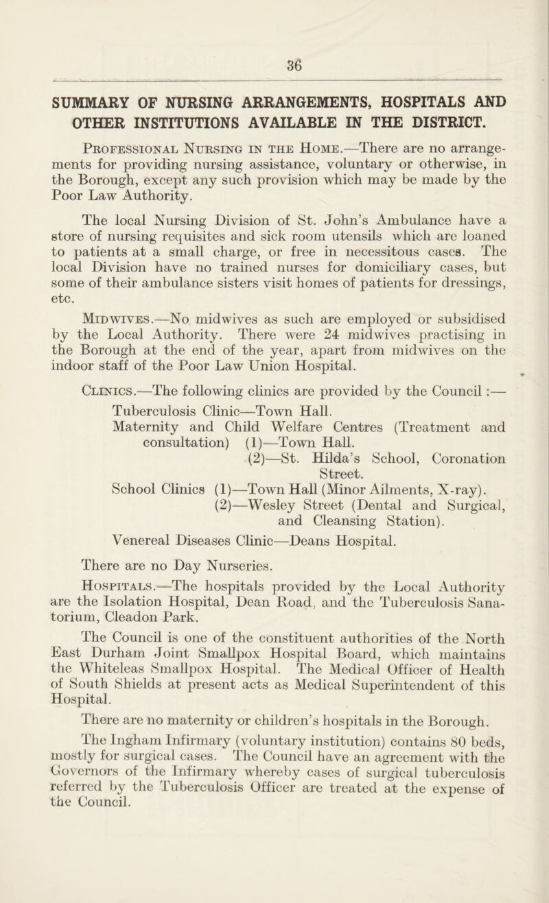 SUMMARY OF NURSING ARRANGEMENTS, HOSPITALS AND OTHER INSTITUTIONS AVAILABLE IN THE DISTRICT. Professional Nursing in the Home.—There are no arrange¬ ments for providing nursing assistance, voluntary or otherwise, in the Borough, except any such provision which may be made by the Poor Law Authority. The local Nursing Division of St. John’s Ambulance have a store of nursing requisites and sick room utensils which are loaned to patients at a small charge, or free in necessitous cases. The local Division have no trained nurses for domiciliary cases, but some of their ambulance sisters visit homes of patients for dressings, etc. Mid wives.—No mid wives as such are employed or subsidised by the Local Authority. There were 24 mid wives practising in the Borough at the end of the year, apart from midwives on the indoor staff of the Poor Law Union Hospital. Clinics.—The following clinics are provided by the Council:— Tuberculosis Clinic—Town Hall. Maternity and Child Welfare Centres (Treatment and consultation) (1)—Town Hall. (2)—St. Hilda’s School, Coronation Street. School Clinics (1)—Town Hall (Minor Ailments, X-ray). (2)—Wesley Street (Dental and Surgical, and Cleansing Station). Venereal Diseases Clinic—Deans Hospital. There are no Day Nurseries. Hospitals.—The hospitals provided by the Local Authority are the Isolation Hospital, Dean Road, and the Tuberculosis Sana¬ torium, Cleadon Park. The Council is one of the constituent authorities of the North East Durham Joint Smallpox Hospital Board, which maintains the Whiteleas Smallpox Hospital. The Medical Officer of Health of South Shields at present acts as Medical Superintendent of this Hospital. There are no maternity or children’s hospitals in the Borough. The Ingham Infirmary (voluntary institution) contains 80 beds, mostly for surgical cases. The Council have an agreement with the Governors of the Infirmary whereby cases of surgical tuberculosis referred by the Tuberculosis Officer are treated at the expense of the Council.