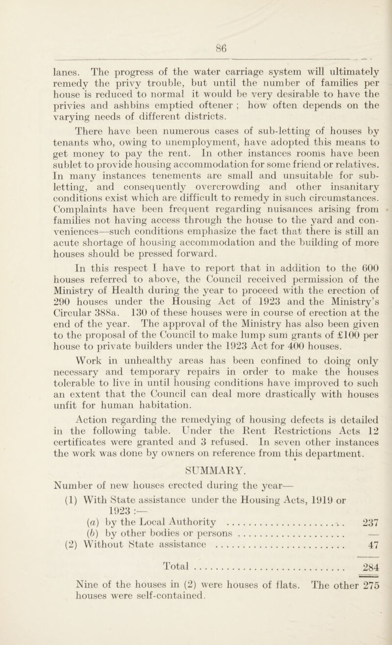 lanes. The progress of the water carriage system will ultimately remedy the privy trouble, but until the number of families per house is reduced to normal it would be very desirable to have the privies and ashbins emptied oftener ; how often depends on the varying needs of different districts. There have been numerous cases of sub-letting of houses by tenants who, owing to unemployment, have adopted this means to get money to pay the rent. In other instances rooms have been sublet to provide housing accommodation for some friend or relatives. In many instances tenements are small and unsuitable for sub¬ letting, and consequently overcrowding and other insanitary conditions exist which are difficult to remedy in such circumstances. Complaints have been frequent regarding nuisances arising from families not having access through the house to the yard and con¬ veniences—such conditions emphasize the fact that there is still an acute shortage of housing accommodation and the building of more houses should be pressed forward. In this respect I have to report that in addition to the 600 houses referred to above, the Council received permission of the Ministry of Health during the year to proceed with the erection of 290 houses under the Housing Act of 1923 and the Ministry’s Circular 388a. 130 of these houses were in course of erection at the end of the year. The approval of the Ministry has also been given to the proposal of the Council to make lump sum grants of £100 per house to private builders under the 1923 Act for 400 houses. Work in unhealthy areas has been confined to doing only necessary and temporary repairs in order to make the houses tolerable to live in until housing conditions have improved to such an extent that the Council can deal more drastically with houses unfit for human habitation. Action regarding the remedying of housing defects is detailed in the following table. Under the Rent Restrictions Acts 12 certificates were granted and 3 refused. In seven other instances the work was done by owners on reference from this department. SUMMARY. Number of new houses erected during the year— (1) With State assistance under the Housing Acts, 1919 or (a) by the Local Authority .^ . 237 (b) by other bodies or persons. — (2) Without State assistance . 47 Total. 284 Nine of the houses in (2) were houses of flats. The other 275 houses were self-contained.