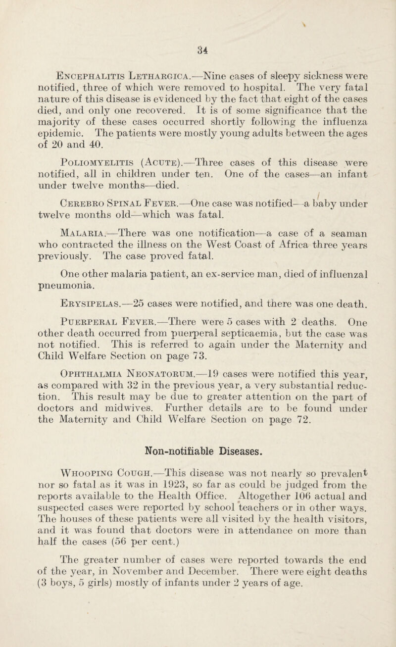 Encephalitis Lethargica.—Nine cases of sleepy sickness were notified, three of which were removed to hospital. The very fatal nature of this disease is evidenced by the fact that eight of the cases died, and only one recovered. It is of some significance that the majority of these cases occurred shortly following the influenza epidemic. The patients were mostly young adults between the ages of 20 and 40. Poliomyelitis (Acute).—Three cases of this disease were notified, all in children under ten. One of the cases—an infant under twelve months-—died. Cerebro Spinal Fever.—One case was notified- -a baby under twelve months old^—which was fatal. Malaria.—There was one notification-—a case of a seaman who contracted the illness on the West Coast of Africa three years previously. The case proved fatal. One other malaria patient, an ex-service man, died of influenzal pneumonia. Erysipelas.—25 cases were notified, and there was one death. Puerperal Fever.—There were 5 cases with 2 deaths. One other death occurred from puerperal septicaemia, but the case was not notified. This is referred to again under the Maternity and Child Welfare Section on page 73. Ophthalmia Neonatorum.—19 cases were notified this year, as compared with 32 in the previous year, a very substantial reduc¬ tion. This result may be due to greater attention on the part of doctors and mid wives. Further details are to be found under the Maternity and Child Welfare Section on page 72. Non-notifiable Diseases. Whooping Cough.—This disease was not nearly so prevalent nor so fatal as it was in 1923, so far as could be judged from the reports available to the Health Office. Altogether 106 actual and suspected cases were reported by school teachers or in other w^ays. The houses of these patients were all visited by the health visitors, and it was found that doctors were in attendance on more than half the cases (56 per cent.) The greater number of cases w^ere reported towards the end of the year, in November and December. There were eight deaths (3 boys, 5 girls) mostly of infants under 2 years of age.