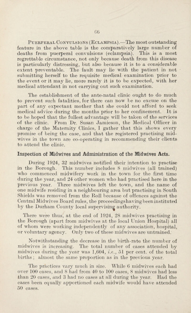 Puerperal Convulsions (Eclampsia).—The most outstanding feature in the above table is the comparatively large number of deaths from puerperal convulsions (eclampsia). This is a most regrettable circumstance, not only because death from this disease is particularly distressing, but also because it is to a considerable extent preventable. The fault may lie with the patient in not submitting herself to the requisite medical examination prior to the event or it may lie, more rarely it is to be expected, with her medical attendant in not carrying out such examination. The establishment of the ante-natal clinic ought to do much to prevent such fatalities, for there can now be no excuse on the part of any expectant mother that she could not afford to seek medical advice during the months prior to her confinement. It is to be hoped that the fullest advantage will be taken of the services of the clinic. From Dr. Susan Jamieson, the Medical Officer in charge of the Maternity Clinics, I gather that this shows every promise of being the case, and that the registered practising mid¬ wives in the town are co-operating in recommending their clients to attend the clinic. Inspection of Midwives and Administration of the Mid wives Acts. During 1924, 32 midwives notified their intention to practise in the Borough. This number includes 8 midwives (all trained) who commenced midwifery work in the town for the first time during the year, and 24 other women who had practised here in the previous year. Three midwives left the town, and the name of one midwife residing in a neighbouring area but practising in South Shields was removed from the Boll because of offences against the Central Midwives Board rules, the proceedingshavingbeeninstituted by the Durham County local supervising authority. There were thus, at the end of 1924, 28 midwives practising in the Borough (apart from midwives at the local Union Hospital) all of whom were working independently of any association, hospital, or voluntary agency. Only two of these midwives are untrained. Notwithstanding the decrease in the birth-rate the number of midwives is increasing. The total number of cases attended by midwives during the year was 1,604, i.e., 51 per cent, of the total births ; almost the same proportion as in the previous year. The practices vary much in size. While 6 midwives each had over 100 cases, and 8 had from 40 to 100 cases, 8 mid wives had less than 20 cases, and 3 had no cases at all during the year. Had the cases been equally apportioned each midwife would have attended 50 cases.