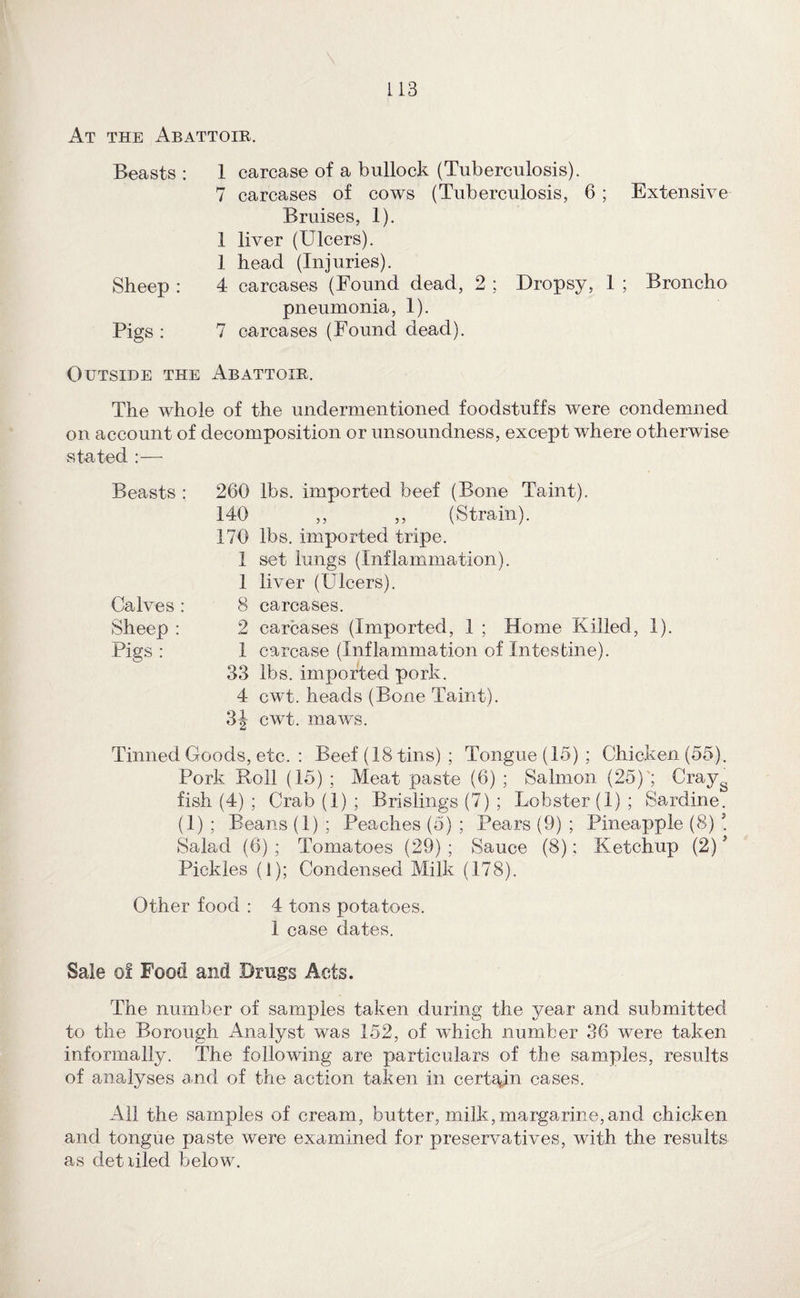 At the Abattoir. Beasts : 1 carcase of a bullock (Tuberculosis). 7 carcases of cows (Tuberculosis, 6 ; Extensive Bruises, 1). 1 liver (Ulcers). 1 head (Injuries). Sheep : 4 carcases (Found dead, 2 ; Dropsy, 1 ; Broncho pneumonia, 1). Pigs : 7 carcases (Found dead). Outside the Abattoir. The whole of the undermentioned foodstuffs were condemned on account of decomposition or unsoundness, except where otherwise stated :— Beasts : 260 lbs. imported beef (Bone Taint). 140 ,, ,, (Strain). 170 lbs. imported tripe. 1 set lungs (Inflammation). 1 liver (Ulcers). Calves : 8 carcases. Sheep : 2 carcases (Imported, 1 ; Home Killed, 1). Pigs : 1 carcase (Inflammation of Intestine). 33 lbs. imported pork. 4 cwt. heads (Bone Taint). 3J cwt. maws. Tinned Goods, etc. : Beef (18 tins) ; Tongue (15); Chicken (55). Pork Roll (15) ; Meat paste (6) ; Salmon (25)'; Cray^ fish (4) ; Crab (1) ; Brislings (7) ; Lobster (1) ; Sardine. (1) ; Beans (1) ; Peaches (5) ; Pears (9) ; Pineapple (8) ! Salad (6) ; Tomatoes (29) ; Sauce (8): Ketchup (2)' Pickles (i); Condensed Milk (178). Other food : 4 tons potatoes. 1 case dates. Sale of Food and Drugs Acts. The number of samples taken during the year and submitted to the Borough Analyst was 152, of wKich number 36 were taken informally. The following are particulars of the samples, results of analyses and of the action taken in certa^^in cases. Ail the samples of cream, butter, milk, margarine, and chicken and tongue paste were examined for preservatives, with the results as detiiled below.