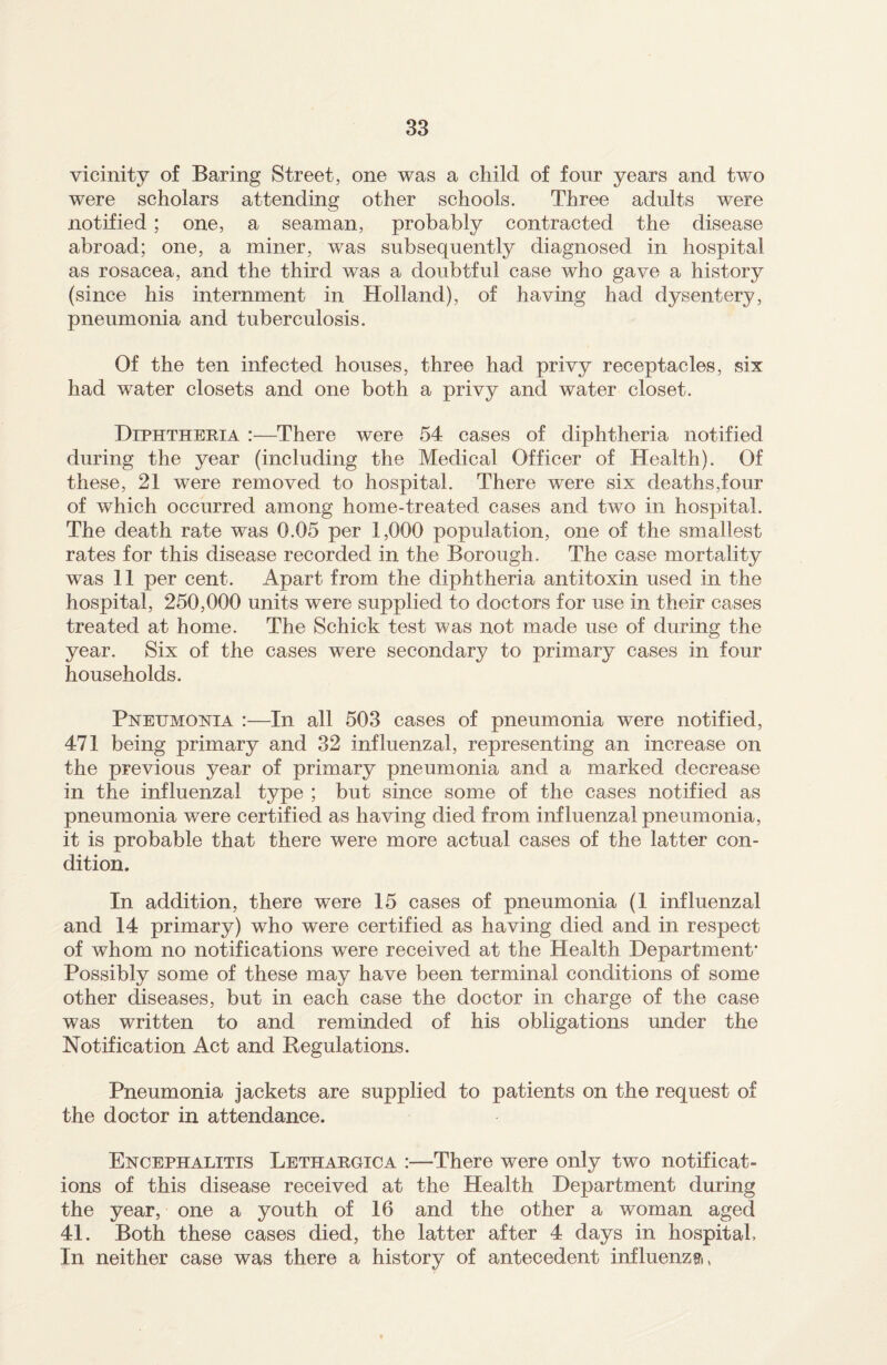 vicinity of Baring Street, one was a child of four years and two were scholars attending other schools. Three adults were notified; one, a seaman, probably contracted the disease abroad; one, a miner, was subsequently diagnosed in hospital as rosacea, and the third was a doubtful case who gave a history (since his internment in Holland), of having had dysentery, pneumonia and tuberculosis. Of the ten infected houses, three had privy receptacles, six had water closets and one both a privy and water closet. Diphtheria :—There were 54 cases of diphtheria notified during the year (including the Medical Officer of Health). Of these, 21 were removed to hospital. There were six deaths,four of which occurred among home-treated cases and two in hospital. The death rate was 0.05 per 1,000 population, one of the smallest rates for this disease recorded in the Borough. The case mortality was 11 per cent. Apart from the diphtheria antitoxin used in the hospital, 250,000 units were supplied to doctors for use in their cases treated at home. The Schick test was not made use of during the year. Six of the cases were secondary to primary cases in four households. Pneumonia :—In all 503 cases of pneumonia were notified, 471 being primary and 32 influenzal, representing an increase on the previous year of primary pneumonia and a marked decrease in the influenzal type ; but since some of the cases notified as pneumonia were certified as having died from influenzal pneumonia, it is probable that there were more actual cases of the latter con¬ dition. In addition, there were 15 cases of pneumonia (1 influenzal and 14 primary) who wTere certified as having died and in respect of whom no notifications were received at the Health Department' Possibly some of these may have been terminal conditions of some other diseases, but in each case the doctor in charge of the case was written to and reminded of his obligations under the Notification Act and Regulations. Pneumonia jackets are supplied to patients on the request of the doctor in attendance. Encephalitis Lethargica :—There were only two notificat¬ ions of this disease received at the Health Department during the year, one a youth of 16 and the other a woman aged 41. Both these cases died, the latter after 4 days in hospital. In neither case was there a history of antecedent influenza,