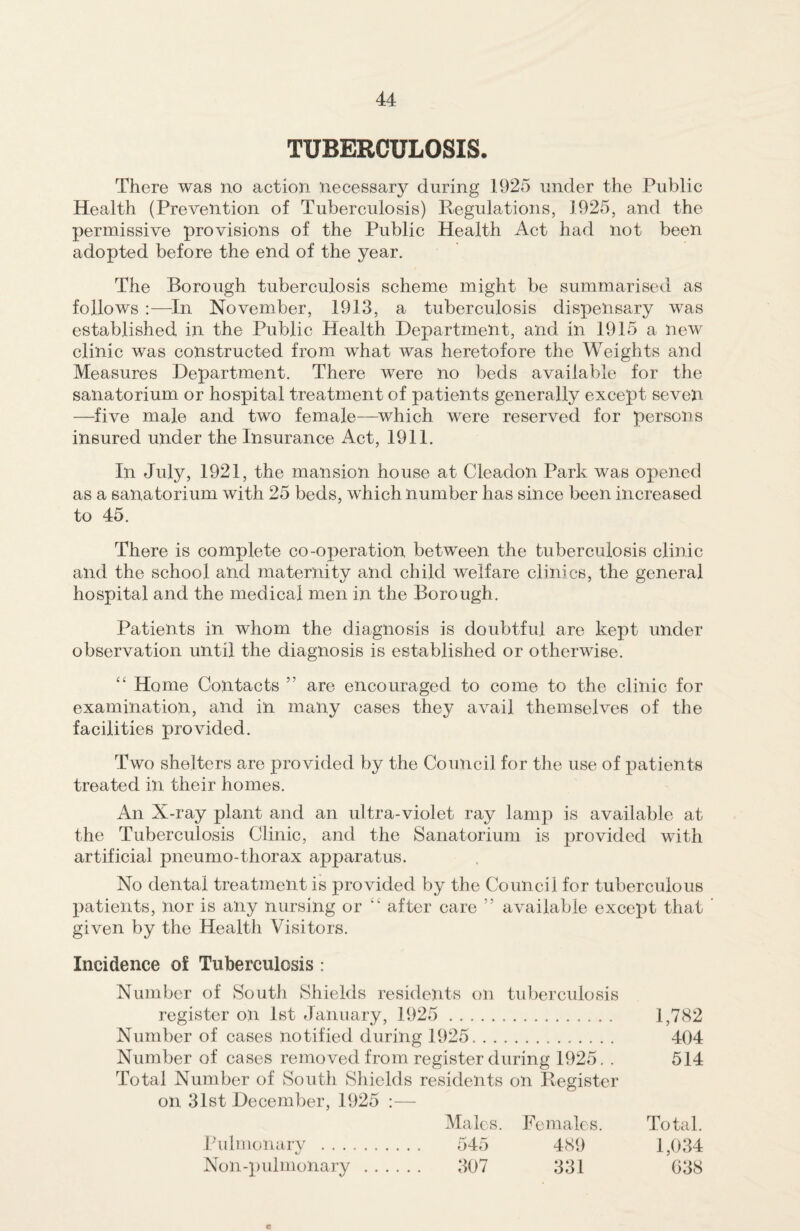 TUBERCULOSIS. There was no action necessary during 1925 under the Public Health (Prevention of Tuberculosis) Regulations, 1925, and the permissive provisions of the Public Health Act had not been adopted before the end of the year. The Borough tuberculosis scheme might be summarised as follows :—In November, 1913, a tuberculosis dispensary was established in the Public Health Department, and in 1915 a new clinic was constructed from what was heretofore the Weights and Measures Department. There were no beds available for the sanatorium or hospital treatment of patients generally except seven —five male and two female—which were reserved for persons insured under the Insurance Act, 1911. In July, 1921, the mansion house at Cleadon Park was opened as a sanatorium with 25 beds, which number has since been increased to 45. There is complete co-operation between the tuberculosis clinic and the school and maternity and child welfare clinics, the general hospital and the medical men in the Borough. Patients in whom the diagnosis is doubtful are kept under observation until the diagnosis is established or otherwise. 41 Home Contacts ” are encouraged to come to the clinic for examination, and in many cases they avail themselves of the facilities provided. Two shelters are provided by the Council for the use of patients treated in their homes. An X-ray plant and an ultra-violet ray lamp is available at the Tuberculosis Clinic, and the Sanatorium is provided with artificial pneumo-thorax apparatus. No dental treatment is provided by the Council for tuberculous patients, nor is any nursing or “ after care ” available except that given by the Health Visitors. Incidence of Tuberculosis : Number of South Shields residents on tuberculosis register on 1st January, 1925 . 1,782 Number of cases notified during 1925. 404 Number of cases removed from register during 1925. . 514 Total Number of South Shields residents on Register on 31st December, 1925 :— Males. Females. Total. Pulmonary . 545 489 1,034 Noii-pulmonary . 307 331 038 e