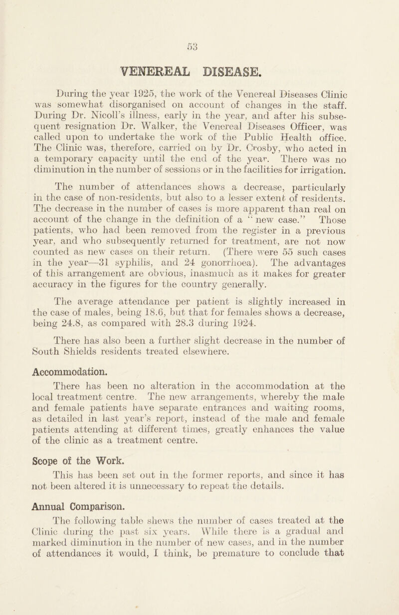 VENEREAL DISEASE. During the year 1925, the work of the Venereal Diseases Clinic was somewhat disorganised on account of changes in the staff. During Dr. Mcoll’s illness, early in the year, and after his subse¬ quent resignation Dr. Walker, the Venereal Diseases Officer, was called upon to undertake the work of the Public Health office. The Clinic was, therefore, carried on by Dr. Crosby, who acted in a temporary capacity until the end of the year. There was no diminution in the number of sessions or in the facilities for irrigation. The number of attendances shows a decrease, particularly in the case of non-residents, but also to a lesser extent of residents. The decrease in the number of cases is more apparent than real on account of the change in the definition of a “ newT case.” Those patients, who had been removed from the register in a previous year, and who subsequently returned for treatment, are not now counted as new cases on their return. (There were 55 such cases in the year—31 syphilis, and 24 gonorrhoea). The advantages of this arrangement are obvious, inasmuch as it makes for greater accuracy in the figures for the country generally. The average attendance per patient is slightly increased in the case of males, being 18.6, but that for females shows a decrease, being 24.8, as compared with 28.3 during 1924. There has also been a further slight decrease in the number of South Shields residents treated elsewhere. Accommodation. There has been no alteration in the accommodation at the local treatment centre. The new arrangements, whereby the male and female patients have separate entrances and waiting rooms, as detailed in last year’s report, instead of the male and female patients attending at different times, greatly enhances the value of the clinic as a treatment centre. Scope of the Work. This has been set out in the former reports, and since it has not been altered it is unnecessary to repeat the details. Annnal Comparison. The following table shews the number of cases treated at the Clinic during the past six years. While there is a gradual and marked diminution in the number of new cases, and in the number of attendances it would, I think, be premature to conclude that