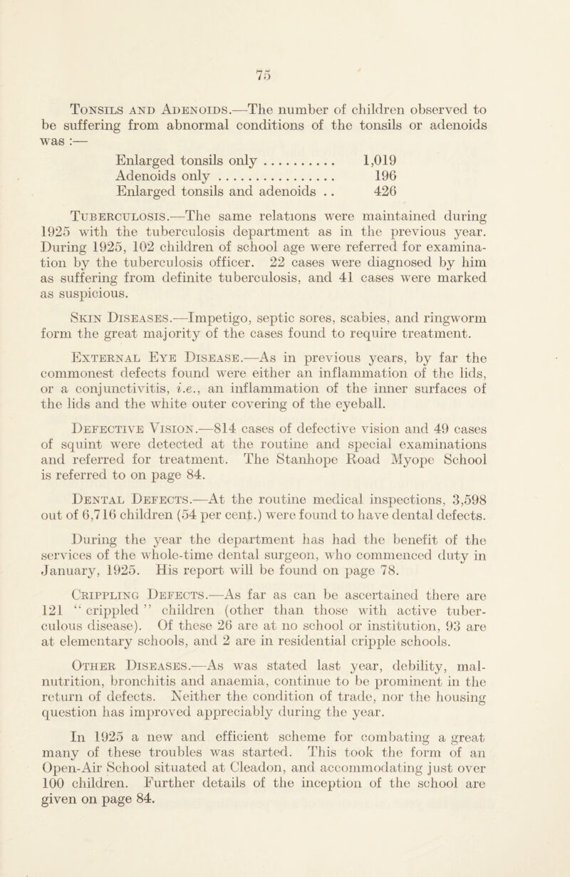 Tonsils and Adenoids.—The number of children observed to be suffering from abnormal conditions of the tonsils or adenoids was :— Enlarged tonsils only. 1,019 Adenoids only. 196 Enlarged tonsils and adenoids .. 426 Tuberculosis.-—-The same relations were maintained during 1925 with the tuberculosis department as in the previous year. During 1925, 102 children of school age were referred for examina¬ tion by the tuberculosis officer. 22 cases were diagnosed by him as suffering from definite tuberculosis, and 41 cases were marked as suspicious. Skin Diseases.-—Impetigo, septic sores, scabies, and ringworm form the great majority of the cases found to require treatment. External Eye Disease.—As in previous years, by far the commonest defects found were either an inflammation of the lids, or a conjunctivitis, be., an inflammation of the inner surfaces of the lids and the white outer covering of the eyeball. Defective Vision.—814 cases of defective vision and 49 cases of squint were detected at the routine and special examinations and referred for treatment. The Stanhope Iboad Myope School is referred to on page 84. Dental Defects.—At the routine medical inspections, 3,598 out of 6,716 children (54 per cent.) were found to have dental defects. During the year the department has had the benefit of the services of the whole-time dental surgeon, who commenced duty in January, 1925. His report will be found on page 78. Crippling Defects.—As far as can be ascertained there are 121 44 crippled 55 children (other than those with active tuber¬ culous disease). Of these 26 are at no school or institution, 93 are at elementary schools, and 2 are in residential cripple schools. Other Diseases.—As was stated last year, debility, mal¬ nutrition, bronchitis and anaemia, continue to be prominent in the return of defects. Neither the condition of trade, nor the housing question has improved appreciably during the year. In 1925 a new and efficient scheme for combating a great many of these troubles was started. This took the form of an Open-Air School situated at Cleadon, and accommodating just over 100 children. Further details of the inception of the school are given on page 84.