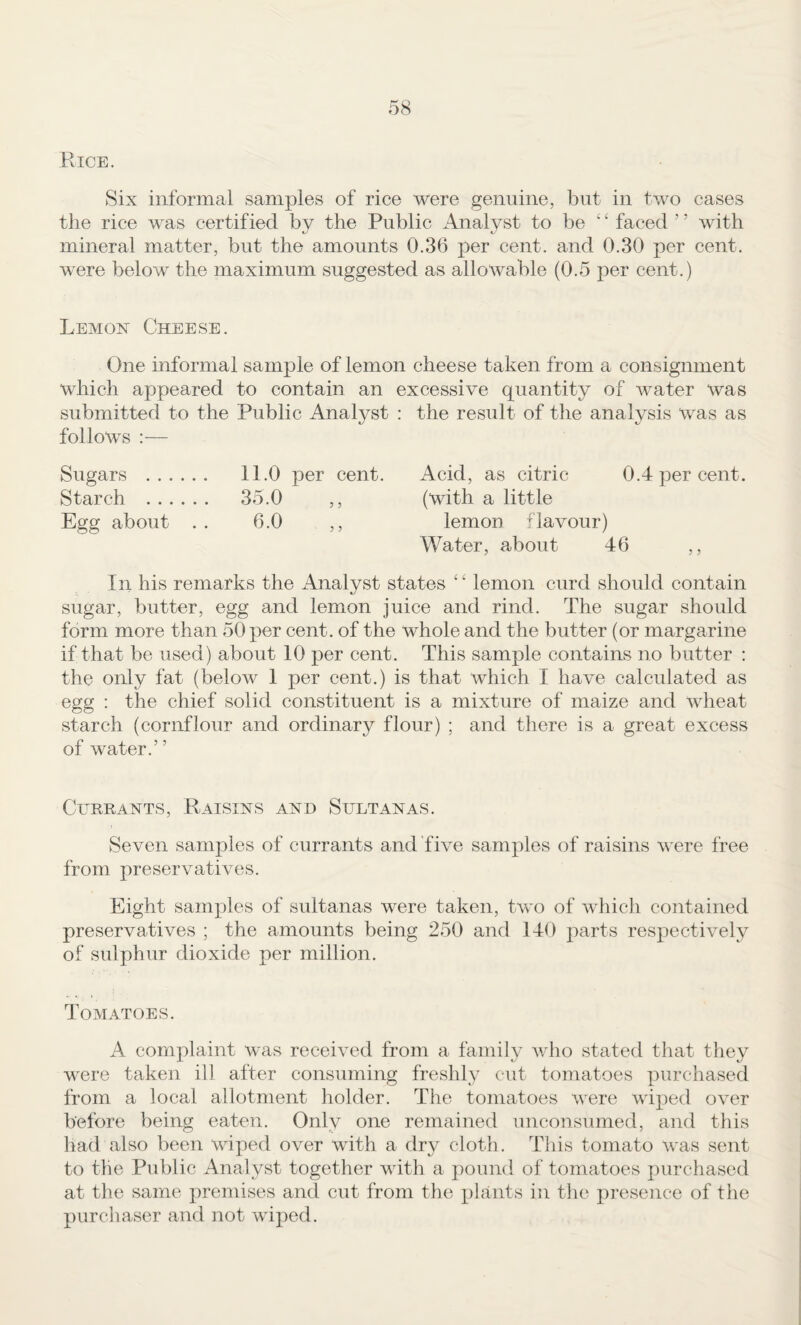 Rice. Six informal samples of rice were genuine, but in two cases the rice was certified by the Public Analyst to be '' faced ’ ’ with mineral matter, but the amounts 0,36 per cent, and 0.30 per cent, were below the maximum suggested as allowable (0.5 per cent.) Lemon Cheese. One informal sample of lemon cheese taken from a consignment which appeared to contain an excessive quantity of water was submitted to the Public Analyst : the result of the analysis was as follows :— Sugars . 11.0 per cent. Acid, as citric 0.4 per cent. Starch . 35.0 ,, (with a little Egg about . . 6.0 ,, lemon flavour) Water, about 46 ,, In his remarks the Analyst states lemon curd should contain sugar, butter, egg and lemon juice and rind. The sugar should form more than 50 per cent, of the whole and the butter (or margarine if that be used) about 10 per cent. This sample contains no butter : the only fat (below 1 per cent.) is that which I have calculated as egg : the chief solid constituent is a mixture of maize and wheat starch (cornflour and ordinary flour) ; and there is a great excess of water.” Currants, Raisins and Sultanas. Seven samples of currants and five samples of raisins were free from preservatives. Eight samples of sultanas were taken, two of which contained preservatives ; the amounts being 250 and 140 parts respectively of sulphur dioxide per million. Tomatoes. A complaint was received from a family who stated that they were taken ill after consuming freshly cut tomatoes purchased from a local allotment holder. The tomatoes were wiped over before being eaten. Only one remained unconsumed, and this had also been wiped over with a dry cloth. This tomato was sent to the Public Analyst together with a pound of tomatoes purchased at the same premises and cut from the plants in the presence of the purchaser and not wiped.