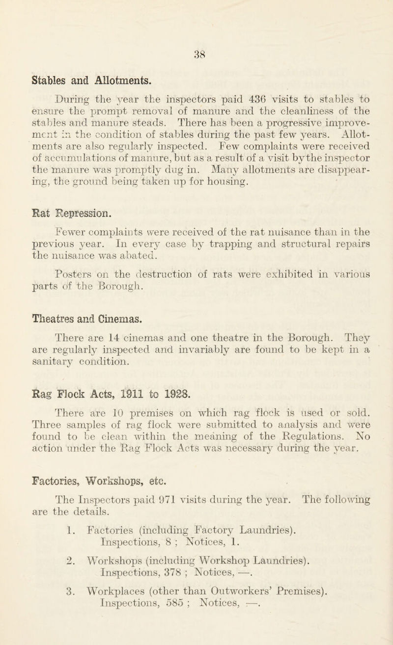 Stables and Allotments. During the year the inspectors paid 436 visits to stables to ensure the prompt removal of manure and the cleanliness of the stables and manure steads. There has been a progressive improve¬ ment in the condition of stables during the past few years. Allot¬ ments are also regularly inspected. Few complaints were received of accumulations of manure, but as a result of a visit by the inspector the m.anure was promptly dug in. Maii}^ allotments are disappear¬ ing, the ground being taken up for housing. Eat Repression. Fewer complaints were received of the rat nuisance than in the previous year. In every case by trapping and structural repairs the nuisance was abated. Posters on the destruction of rats were exhibited in various parts of the Borough. Theatres and Cinemas. There are 14 cinemas and one theatre in the Borough. They are regularly inspected and invariably are found to be kept in a sanitary condition. Rag Flock Acts, 1911 to 1928. There are 10 premises on which rag flock is used or sold. Three samples of rag flock were submitted to analysis and were found to be clean within the meaning of the Regulations. No action under the Rag Flock Acts was necessary during the year. Factories, Workshops, etc. The Inspectors paid 971 visits during the year. The following are the details. 1. Factories (including Factory Laundries). Inspections, 8 ; Notices, 1. 2. Workshops (including Workshop Laundries). Inspections, 378 ; Notices, —. 3. Workplaces (other than Outworkers’ Premises). Inspections, 585 ; Notices, :—.