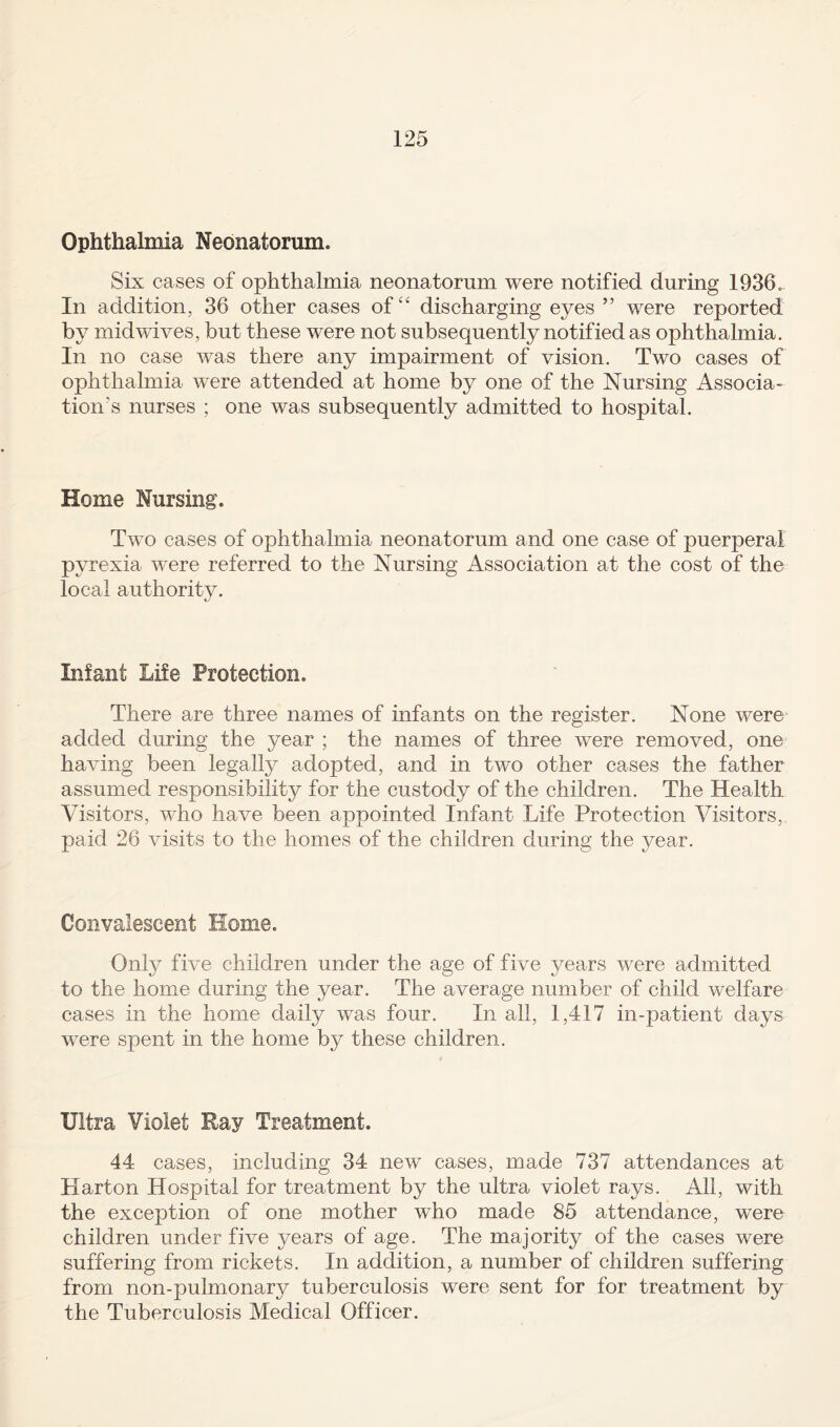 Ophthalmia Neonatorum. Six cases of ophthalmia neonatorum were notified during 1936. In addition, 36 other cases of “ discharging eyes ” were reported by midwives, but these were not subsequently notified as ophthalmia. In no case was there any impairment of vision. Two cases of ophthalmia were attended at home by one of the Nursing Associa¬ tion's nurses ; one was subsequently admitted to hospital. Home Nursing. Two cases of ophthalmia neonatorum and one case of puerperal pyrexia were referred to the Nursing Association at the cost of the local authority. Infant Life Protection. There are three names of infants on the register. None were added during the year ; the names of three were removed, one having been legally adopted, and in two other cases the father assumed responsibility for the custody of the children. The Health Visitors, who have been appointed Infant Life Protection Visitors, paid 26 visits to the homes of the children during the year. Convalescent Home. Only five children under the age of five years were admitted to the home during the year. The average number of child welfare cases in the home daily was four. In all, 1,417 in-patient days wrere spent in the home by these children. Ultra Violet Ray Treatment. 44 cases, including 34 new cases, made 737 attendances at Hart on Hospital for treatment by the ultra violet rays. All, with the exception of one mother who made 85 attendance, were children under five years of age. The majority of the cases were suffering from rickets. In addition, a number of children suffering from non-pulmonary tuberculosis were sent for for treatment by the Tuberculosis Medical Officer.