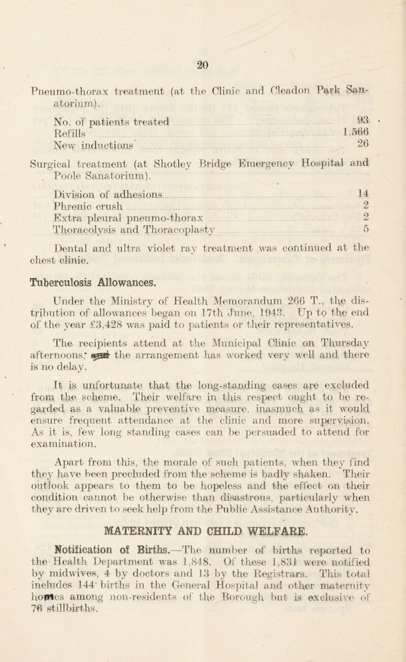 Pneumo-thorax treatment (at the Clinic and Cleadon Park San¬ atorium) . No. of patients treated Refills . New inductions . Surgical treatment (at Shotley Bridge Emergency Hospital and Poole Sanatorium). Division of adhesions. 14 Phrenic crush . 2 Extra pleural pneumo-thorax . 2 Thoracolysis and Thoracoplasty 5 Dental and ultra violet rav treatment was continued at the chest clinic. Tuberculosis Allowances. Under the Ministry of Health Memorandum 266 T., the dis¬ tribution of allowances began on 17th June, 1943. Up to the end of the year £3,428 was paid to patients or their representatives. The recipients attend at the Municipal Clinic on Thursday afternoons, the arrangement has worked very well and there is no delay. It is unfortunate that the long-standing cases are excluded from the scheme. Their welfare in this respect ought to be re¬ garded as a valuable preventive measure, inasmuch as it would ensure frequent attendance at tlie clinic and more supervision. As it is, few long standing cases can be persuaded to attend for examination. Apart from this, the morale of such patients, when they find they have been precluded from the scheme is badly shaken. Their outlook appears to them to be hopeless and the effect on their condition cannot be otherwise than disastrous, particularly when they are driven to seek help from the Public Assistance Authority. MATERNITY AND CHILD WELFARE. Notification of Births.—The number of births reported to the Health Department was 1,848. Of these 1,831 were notified by midwives, 4 by doctors and 13 by the Registrars. This total includes 144’ births in the General Hospital and other maternity hoiWes among non-residents of the Borough but is exclusive of' 76 stillbirths. 93 1,566 26