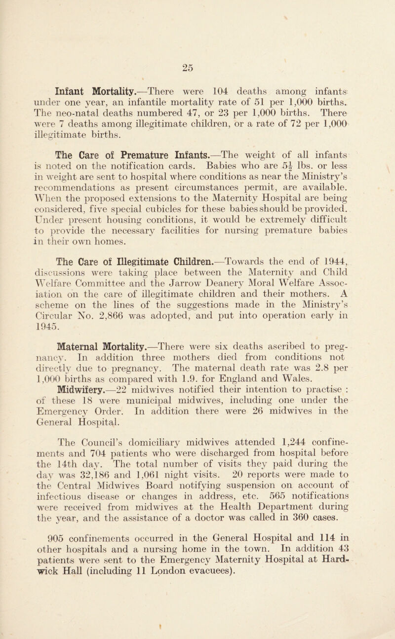 Infant Mortality.—There were 104 deaths among infants under one year, an infantile mortality rate of 51 per 1,000 births. The neo-natal deaths numbered 47, or 23 per 1,000 births. There were 7 deaths among illegitimate children, or a rate of 72 per 1,000 illegitimate births. The Care of Premature Infants.—The weight of all infants is noted on the notification cards. Babies who are 5J lbs. or less in weight are sent to hospital where conditions as near the Ministry’s recommendations as present circumstances permit, are available. When the proposed extensions to the Maternity Hospital are being considered, five special cubicles for these babies should be provided. Undex present housing conditions, it would be extremely difficult to provide the necessary facilities for nursing premature babies in their own homes. The Care of Illegitimate Children.—Towards the end of 1944, discussions were taking place between the Maternit}^ and Child Welfare Committee and the Jarrow Deanery Moral Welfare Assoc¬ iation on the care of illegitimate children and their mothers. A scheme on the lines of the suggestions made in the Ministry’s Circular No. 2,866 was adopted, and put into operation early in 1945. Maternal Mortality.—There were six deaths ascribed to preg¬ nancy. In addition three mothers died from conditions not directly due to pregnancy. The maternal death rate was 2.8 per 1,000 births as compared with 1.9. for England and Wales. Midwifery.—22 midwives notified their intention to practise : of these 18 were municipal midwives, including one under the Emergency Order. In addition there were 26 midwives in the General Hospital. The Council’s domiciliary midwives attended 1,244 confine¬ ments and 704 patients who were discharged from hospital before the 14th day. The total number of visits they paid during the day was 32,186 and 1,061 night visits. 20 reports were made to the Central Midwives Board notifying suspension on account of infectious disease or changes in address, etc. 565 notifications were received from midwives at the Health Department during the year, and the assistance of a doctor was called in 360 cases. 905 confinements occurred in the General Hospital and 114 in other hospitals and a nursing home in the town. In addition 43 patients w^ere sent to the Emergency Maternity Hospital at Hard¬ wick Hall (including 11 London evacuees).