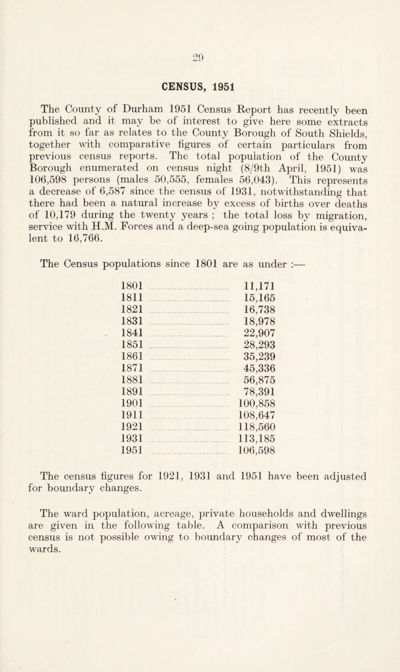 The County of Durham 1951 Census Report has recently been published and it may be of interest to give here some extracts from it so far as relates to the County Borough of South Shields, together with comparative figures of certain particulars from previous census reports. The total population of the County Borough enumerated on census night (8/9th April, 1951) was 106,598 persons (males 50,555, females 56,043). This represents a decrease of 6,587 since the census of 1931, notwithstanding that there had been a natural increase by excess of births over deaths of 10,179 during the twenty years ; the total loss by migration, service with H.M. Forces and a deep-sea going population is equiva¬ lent to 16,766. The Census populations since 1801 are as under :— 1801 11,171 1811 15,165 1821 16,738 1831 . 18,978 1841 22,907 1851 . 28,293 1861 35,239 1871 45,336 1881 . 56,875 1891 78,391 1901 100,858 1911 108,647 1921 . 118,560 1931 . 113,185 1951 106,598 The census figures for 1921, 1931 and 1951 have been adjusted for boundary changes. The ward population, acreage, private households and dwellings are given in the following table. A comparison with previous census is not possible owing to boundary changes of most of the wards.