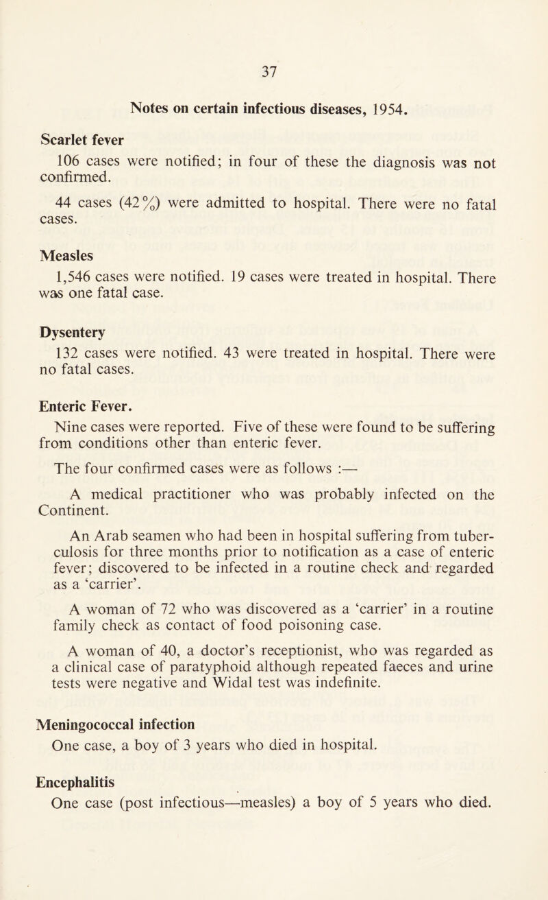 Notes on certain infectious diseases, 1954. Scarlet fever 106 cases were notified; in four of these the diagnosis was not confirmed. 44 cases (42%) were admitted to hospital. There were no fatal cases. Measles 1,546 cases were notified. 19 cases were treated in hospital. There was one fatal case. Dysentery 132 cases were notified. 43 were treated in hospital. There were no fatal cases. Enteric Fever. Nine cases were reported. Five of these were found to be suffering from conditions other than enteric fever. The four confirmed cases were as follows :— A medical practitioner who was probably infected on the Continent. An Arab seamen who had been in hospital suffering from tuber¬ culosis for three months prior to notification as a case of enteric fever; discovered to be infected in a routine check and regarded as a ‘carrier’. A woman of 72 who was discovered as a ‘carrier’ in a routine family check as contact of food poisoning case. A woman of 40, a doctor’s receptionist, who was regarded as a clinical case of paratyphoid although repeated faeces and urine tests were negative and Widal test was indefinite. Meningococcal infection One case, a boy of 3 years who died in hospital. Encephalitis One case (post infectious—measles) a boy of 5 years who died.