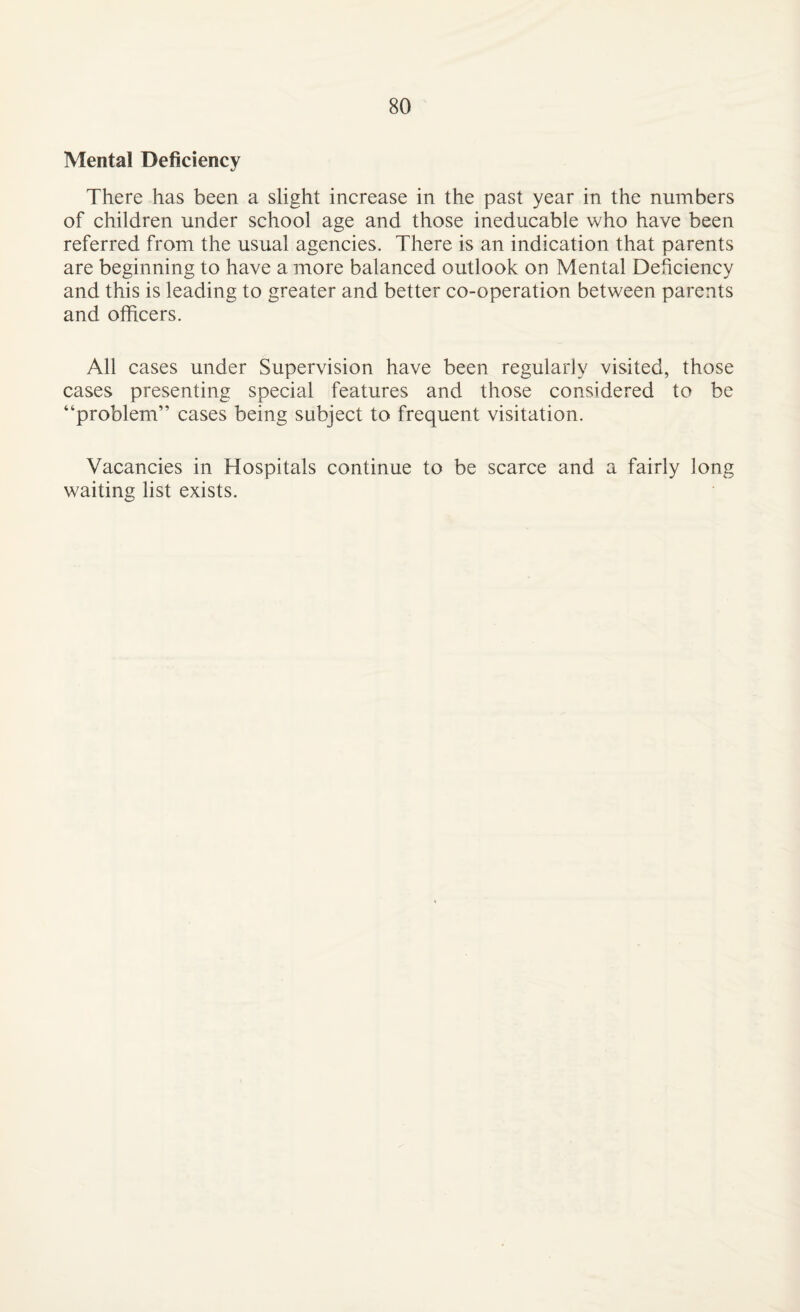 Mental Deficiency There has been a slight increase in the past year in the numbers of children under school age and those ineducable who have been referred from the usual agencies. There is an indication that parents are beginning to have a more balanced outlook on Mental Deficiency and this is leading to greater and better co-operation between parents and officers. All cases under Supervision have been regularly visited, those cases presenting special features and those considered to be “problem” cases being subject to frequent visitation. Vacancies in Hospitals continue to be scarce and a fairly long waiting list exists.