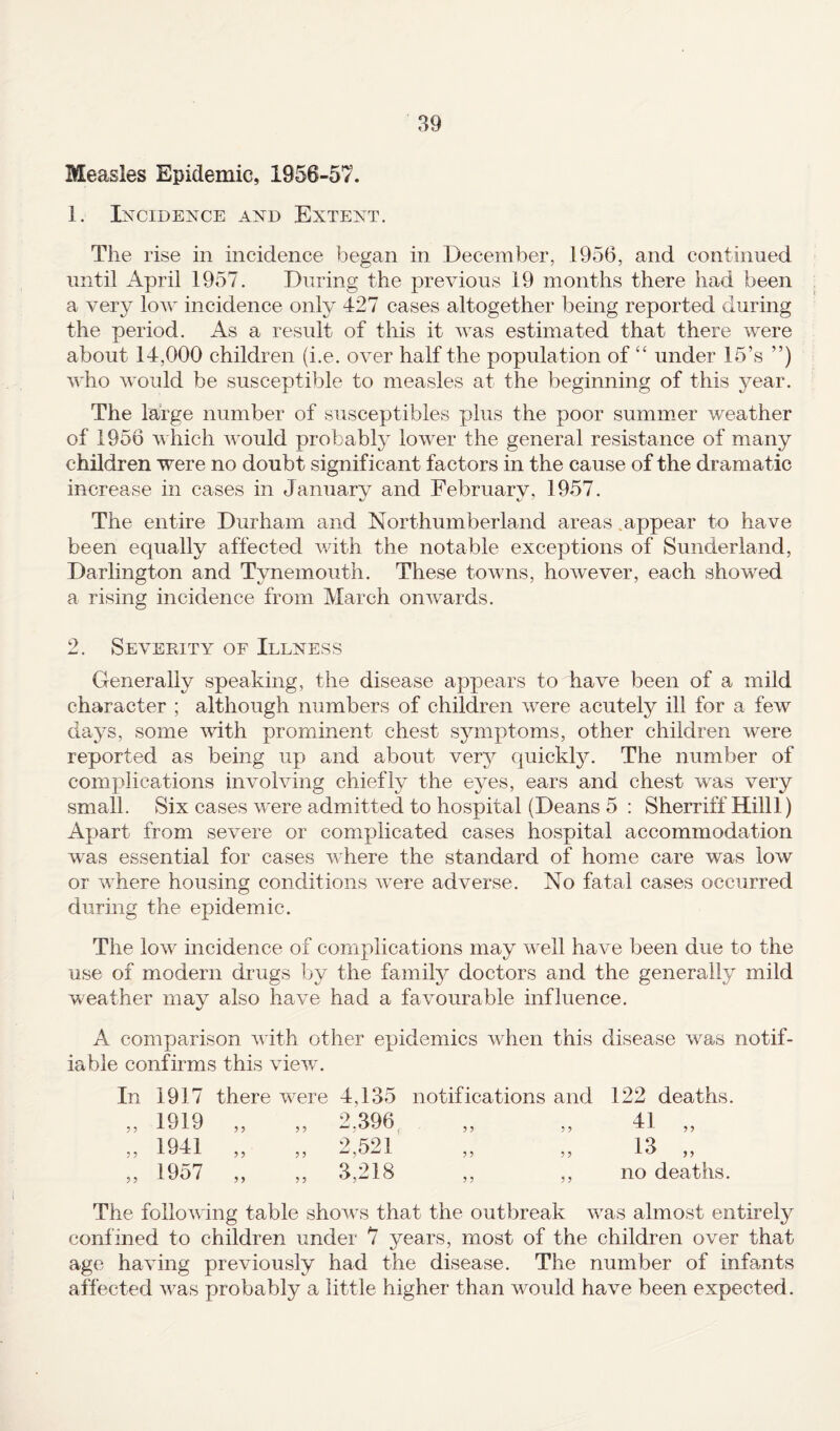Measles Epidemic, 1956-57. 1. Incidence and Extent. The rise in incidence began in December, 1956, and continued until April 1957. During the previous 19 months there had been a very low incidence only 427 cases altogether being reported during the period. As a result of this it was estimated that there were about 14,000 children (i.e. over half the population of “ under 15’s ”) who would be susceptible to measles at the beginning of this year. The large number of susceptibles plus the poor summer weather of 1956 which would probably lower the general resistance of many children were no doubt significant factors in the cause of the dramatic increase in cases in January and February, 1957. The entire Durham and Northumberland areas .appear to have been equally affected with the notable exceptions of Sunderland, Darlington and Tynemouth. These towns, however, each showed a rising incidence from March onwards. 2. Severity of Illness Generally speaking, the disease appears to have been of a mild character ; although numbers of children were acutely ill for a few days, some with prominent chest symptoms, other children were reported as being up and about very quickly. The number of complications involving chiefly the eyes, ears and chest was very small. Six cases were admitted to hospital (Deans 5 : Sherriff Hilll) Apart from severe or complicated cases hospital accommodation was essential for cases where the standard of home care was low or where housing conditions were adverse. No fatal cases occurred durmg the epidemic. The low incidence of complications may well have been due to the use of modern drugs Ijy the family doctors and the generally mild weather may also have had a favourable influence. A comparison with other epidemics when this disease was notif¬ iable confirms this view'. In 1917 there w^ere 4,135 notifications and 122 deaths. „ 1919 „ „ 2,396^ „ „ 41 „ „ 1941 „ „ 2,521 „ „ 13 „ ,, 1957 ,, ,, 3,218 ,, ,, no deaths. The follow ing table shows that the outbreak w^as almost entirely confined to children under 7 years, most of the children over that age having previously had the disease. The number of infants affected was probably a little higher than would have been expected.