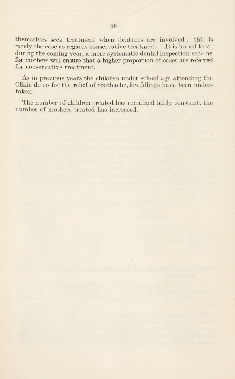 themselves seek treatment when dentures are involved ; this is rarely the case as regards conservative treatment. It is hoped tint, during the coming year, a more systematic dental inspection schc ne for mothers wiU ensure that a higher proportion of cases are referred for conservative treatment. As in previous years the children under school age attending the Clinic do so for the relief of toothache, few fillings have been under¬ taken. The number of children treated has remained fairlv constant, the k.- number of mothers treated has increased.