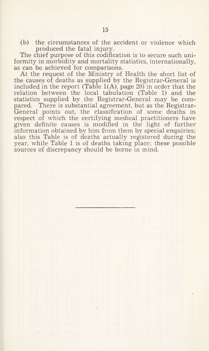 (b) the circumstances of the accident or violence which produced the fatal injury. The chief purpose of this codification is to secure such uni¬ formity in morbidity and mortality statistics, internationally, as can be achieved for comparisons. At the request of the Ministry of Health the short list of the causes of deaths as supplied by the Registrar-General is included in the report (Table 1(A), page 20) in order that the relation between the local tabulation (Table 1) and the statistics supplied by the Registrar-General may be com¬ pared. There is substantial agreement, but as the Registrar- General points out, the classification of some deaths in respect of which the certifying medical practitioners have given definite causes is modified in the light of further information obtained by him from them by special enquiries; also this Table is of deaths actually registered during the year, while Table 1 is of deaths taking place; these possible sources of discrepancy should be borne in mind.