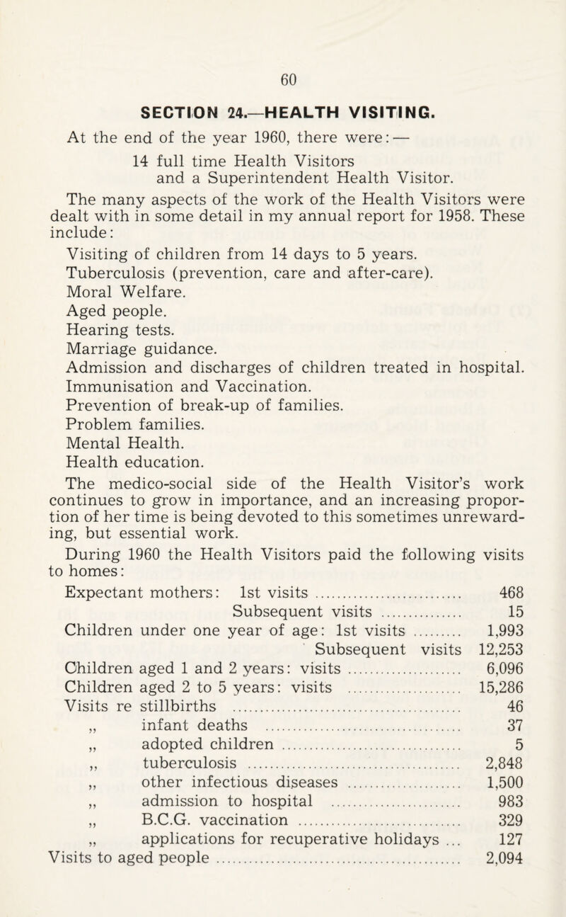 SECTION 24.—HEALTH VISITING. At the end of the year 1960, there were: — 14 full time Health Visitors and a Superintendent Health Visitor. The many aspects of the work of the Health Visitors were dealt with in some detail in my annual report for 1958. These include: Visiting of children from 14 days to 5 years. Tuberculosis (prevention, care and after-care). Moral Welfare. Aged people. Hearing tests. Marriage guidance. Admission and discharges of children treated in hospital. Immunisation and Vaccination. Prevention of break-up of families. Problem families. Mental Health. Health education. The medico-social side of the Health Visitor’s work continues to grow in importance, and an increasing propor¬ tion of her time is being devoted to this sometimes unreward¬ ing, but essential work. During 1960 the Health Visitors paid the following visits to homes: Expectant mothers: 1st visits . 468 Subsequent visits . 15 Children under one year of age: 1st visits . 1,993 Subsequent visits 12,253 Children aged 1 and 2 years: visits . 6,096 Children aged 2 to 5 years: visits . 15,286 Visits re stillbirths . 46 „ infant deaths . 37 ,, adopted children . 5 ,, tuberculosis . 2,848 ,, other infectious diseases . 1,500 ,, admission to hospital . 983 „ B.C.G. vaccination . 329 „ applications for recuperative holidays ... 127 Visits to aged people . 2,094