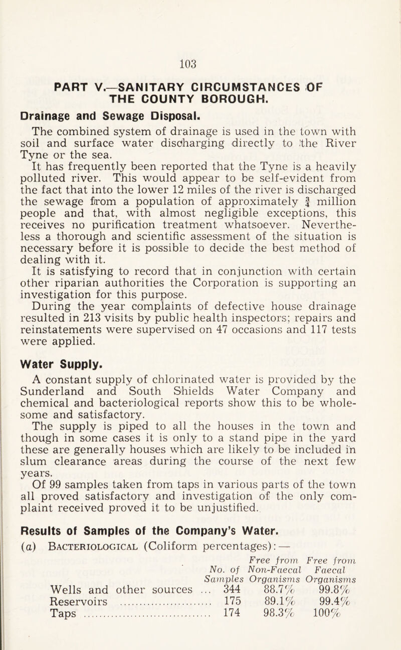 PART V.—SANITARY CIRCUMSTANCES OF THE COUNTY BOROUGH. Drainage and Sewage Disposal* The combined system of drainage is used in the town with soil and surface water discharging directly to !the River Tyne or the sea. It has frequently been reported that the Tyne is a heavily polluted river. This would appear to be self-evident from the fact that into the lower 12 miles of the river is discharged the sewage f/rom a population of approximately J million people and that, with almost negligible exceptions, this receives no purification treatment whatsoever. Neverthe¬ less a thorough and scientific assessment of the situation is necessary before it is possible to decide the best method of dealing with it. It is satisfying to record that in conjunction with certain other riparian authorities the Corporation is supporting an investigation for this purpose. During the year complaints of defective house drainage resulted in 213 visits by public health inspectors; repairs and reinstatements were supervised on 47 occasions and 117 tests were applied. Water Supply. A constant supply of chlorinated water is provided by the Sunderland and South Shields Water Company and chemical and bacteriological reports show this to be whole¬ some and satisfactory. The supply is piped to all the houses in the town and though in some cases it is only to a stand pipe in the yard these are generally houses which are likely to be included in slum clearance areas during the course of the next few years. Of 99 samples taken from taps in various parts of the town all proved satisfactory and investigation of the only com¬ plaint received proved it to be unjustified. Results of Samples of the Company’s Water. (a) Bacteriological (Coliform percentages): — Wells and other sources ... 344 Reservoirs . 175 Taps . 174 Free from Free from No. of Non-Faecal Faecal Samples Organisms Organisms 88.7% 89.1% 98.3^' (V. /(j c 99.8 99.4% 100%