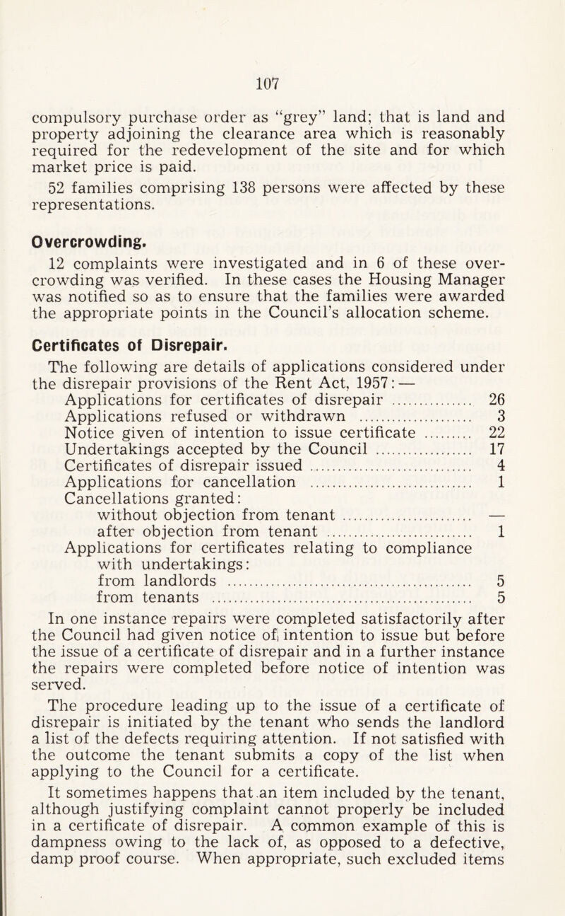 compulsory purchase order as “grey” land; that is land and property adjoining the clearance area which is reasonably required for the redevelopment of the site and for which market price is paid. 52 families comprising 138 persons were affected by these representations. Overcrowding. 12 complaints were investigated and in 6 of these over¬ crowding was verified. In these cases the Housing Manager was notified so as to ensure that the families were awarded the appropriate points in the Council’s allocation scheme. Certificates of Disrepair. The following are details of applications considered under the disrepair provisions of the Rent Act, 1957: — Applications for certificates of disrepair . 26 Applications refused or withdrawn . 3 Notice given of intention to issue certificate .. 22 Undertakings accepted by the Council . 17 Certificates of disrepair issued . 4 Applications for cancellation . 1 Cancellations granted: without objection from tenant . — after objection from tenant . 1 Applications for certificates relating to compliance with undertakings: from landlords . 5 from tenants . 5 In one instance repairs were completed satisfactorily after the Council had given notice of intention to issue but before the issue of a certificate of disrepair and in a further instance the repairs were completed before notice of intention was served. The procedure leading up to the issue of a certificate of disrepair is initiated by the tenant Who sends the landlord a list of the defects requiring attention. If not satisfied with the outcome the tenant submits a copy of the list when applying to the Council for a certificate. It sometimes happens that .an item included by the tenant, although justifying complaint cannot properly be included in a certificate of disrepair. A common example of this is dampness owing to the lack of, as opposed to a defective, damp proof course. When appropriate, such excluded items