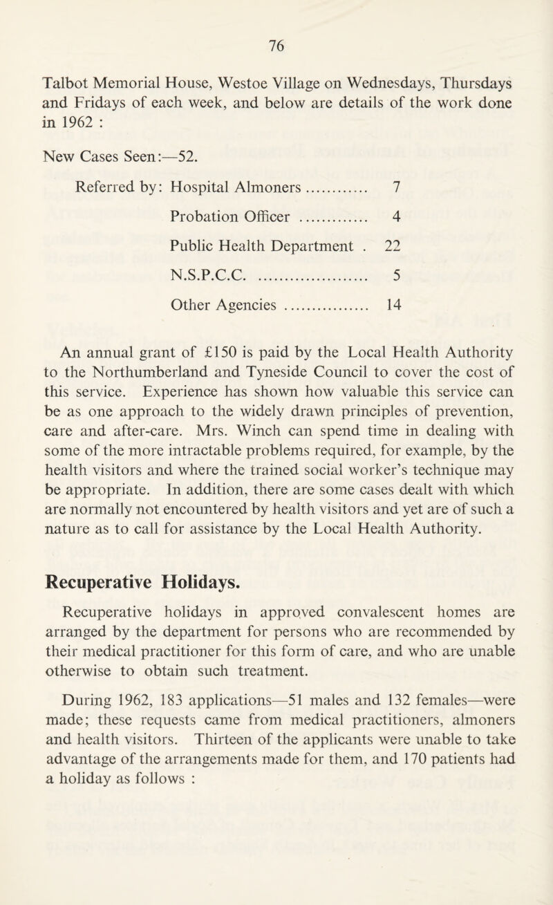 Talbot Memorial House, Westoe Village on Wednesdays, Thursdays and Fridays of each week, and below are details of the work done in 1962 : New Cases Seen:—52. Referred by: Hospital Almoners. 7 Probation Officer . 4 Public Health Department . 22 N S P C C 5 Other Agencies . 14 An annual grant of £150 is paid by the Local Health Authority to the Northumberland and Tyneside Council to cover the cost of this service. Experience has shown how valuable this service can be as one approach to the widely drawn principles of prevention, care and after-care. Mrs. Winch can spend time in dealing with some of the more intractable problems required, for example, by the health visitors and where the trained social worker’s technique may be appropriate. In addition, there are some cases dealt with which are normally not encountered by health visitors and yet are of such a nature as to call for assistance by the Local Health Authority. Recuperative Holidays. Recuperative holidays in approved convalescent homes are arranged by the department for persons who are recommended by their medical practitioner for this form of care, and who are unable otherwise to obtain such treatment. During 1962, 183 applications—51 males and 132 females—were made; these requests came from medical practitioners, almoners and health visitors. Thirteen of the applicants were unable to take advantage of the arrangements made for them, and 170 patients had a holiday as follows :