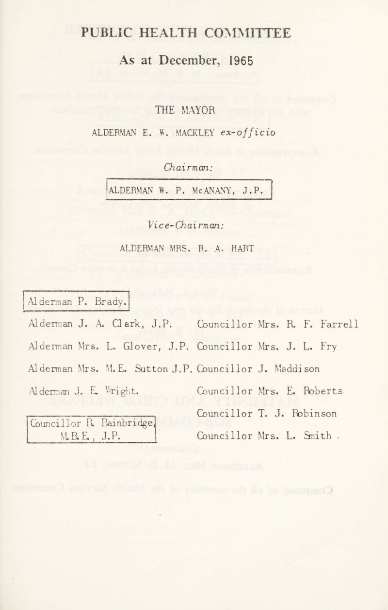 PUBLIC HEALTH COMMITTEE As at December, 1965 THE MAYOR ALDERMAN E. W. MACKLEY ex-officio Chairman: ALDERMAN W. P. MeANANY, J.P. Vice-Chairman: ALDERMAN MRS. R. A. HART FT Alderman P. Brady. Alderman J. A Clark, J.P. Councillor Alderman Mrs. L. Glover, J.P. Councillor Alderman Mrs. M. E. Sutton J.P. Councillor Alderman J. E. V-right. Councillor Councillor R. Bainbridge MBLE., J.P. Councillor Mrs. R» F. Farrell Mrs. J, L. Fry J. Maddison Mrs. E. Roberts T, J. Robinson Councillor Mrs. L. Smith .