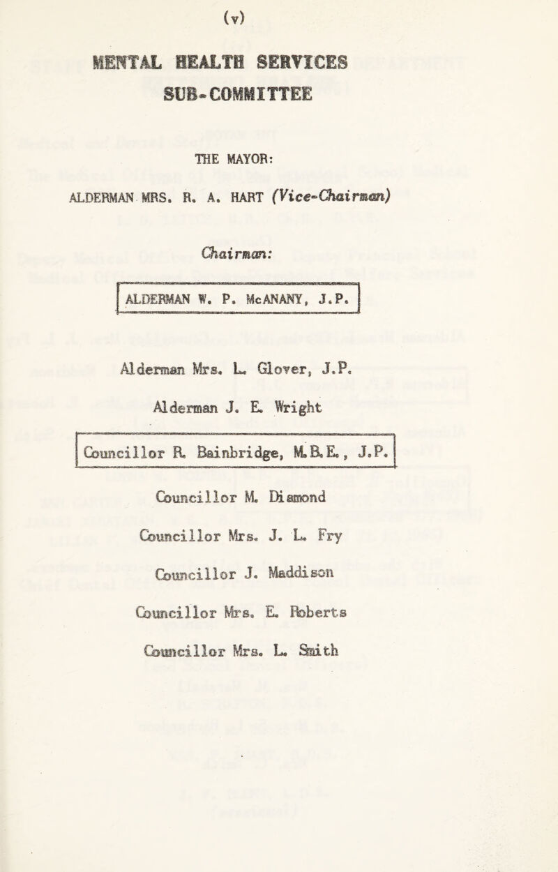 MENTAL HEALTH SERVICES SUB-COMMITTEE THE MAYOR: ALDERMAN MRS. R* A. HART (Vice-Chairma%) Chairman: ALDERMAN W. P. Me AN ANY, J.P. Alderman Mrs. L GloTer, J.P, Alderman J. E. Wright Councillor El Bainbridge, liB.Ec, Councillor M. Diamond Councillor Mrs. J. L fry Councillor J. Maddison Councillor Mrs® E. Roberts Councillor Mrs. L. Smith