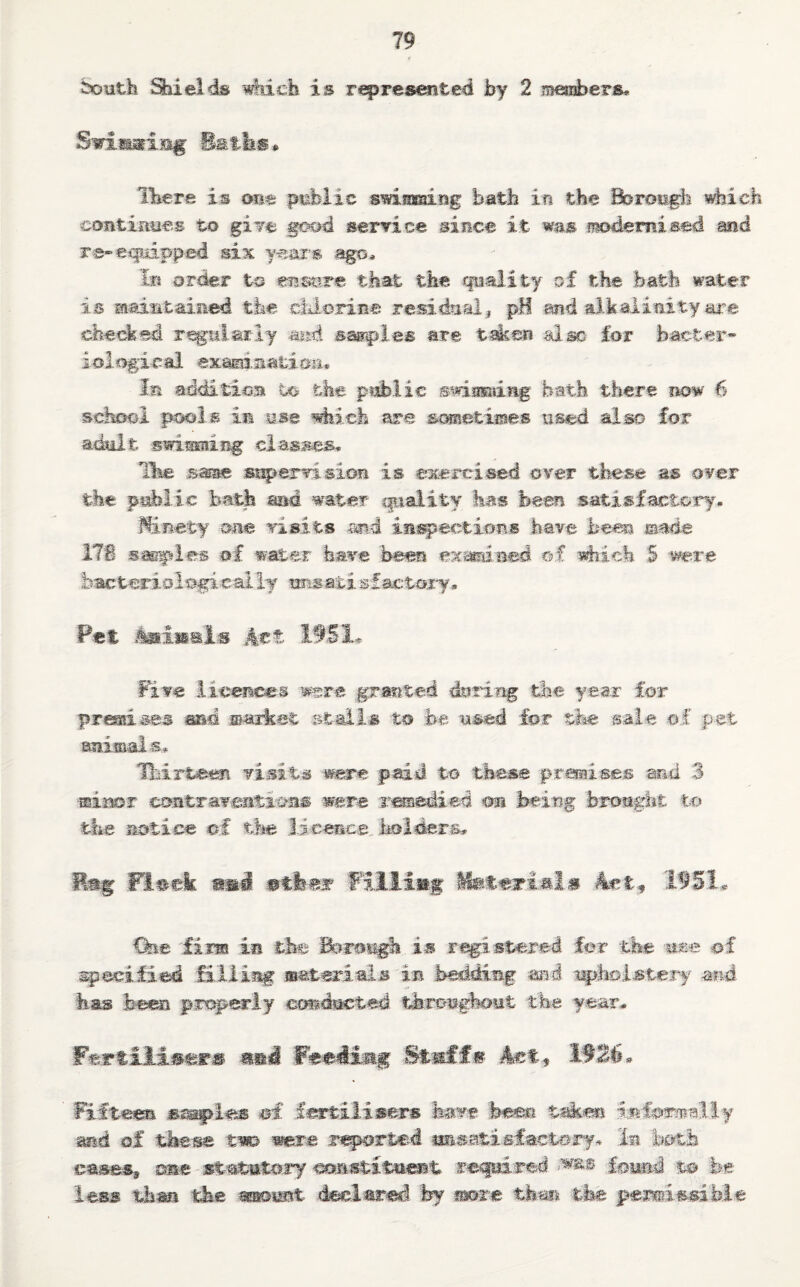 booth Shields which is represented by 2 members* Swimming Baths. there is one public swimming bath in the Borough which continues to give good sendee since it was modernised and re-equipped six years ago* In order to ensure that the quality of the bath water is maintained the chlorine residual, pH and alkalinity are checked regularly mid sarnies are taken also for bacter¬ iological examination* In addition to the public swimming hath there now 6 school pools in use which are sometimes used also for adult Bwinmmg clashes* like same snpervision is exercised over these as over the. public bath and water- quality has been satisfactory. Mnety one visits and inspections have hem made 176 smples of water have been examined of which 5 were bm t-eri o 1 ogi ea.Hr tmsail. sf actary. Pet iadisals Art 1951* Five licences were granted during the year for premies md mmket stalls to be used for the sale of pet animal s* Thirteen visits were paid to these premises and 3 minor contraventions were remedied on being brought to the notice of the licence holders* Rag f!#dk mmi mthm Filling MAct, If51* Cke firm in the Borough is regi stered for the nee of specified filling materials in bedding md upholstery and has been properly conducted throughout the year. Fertilisers mmi Feeding Stuff* Act-., 1926* Fifteen empi^m of. fertilisers have hem thkm Informally md of these tm were reported unsatisfactory* In both eases, one statutory constituent required -wss found to be less %hm the amount declared by snore than the p&mdmable