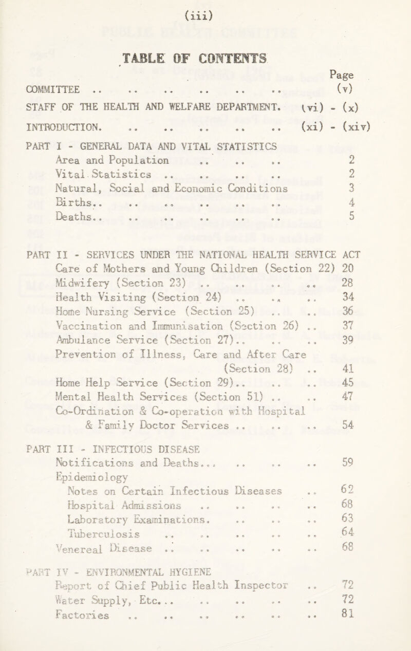 TABLE OF CONTENTS ♦ Page COMMITTEE .. .. .. .. .. (v) STAFF OF THE HEALTH AND WELFARE DEPARTMENT. {vi) - (x) INTRODUCTION. .. .. . © .. .. (xi) - (xiv) PART I - GENERAL DATA AND VITAL STATISTICS Area and Population Vital■Statistics .. Natural, Social and Economic Conditions i-U a ish-S e © . • . . « • ea a a ■ Ev^S e i «e ,«a ©3 a. 3a 2 3 4 5 PART II - SERVICES UNDER THE NATIONAL HEALTH SERVICE ACT Care of Mothers and Young Qiiidren (Section 22} 20 Midwifery (Section 23) .. ., *. .. 2S Health Visiting (Section 24) © © .« 34 Home Nursing Service (Section 25) .. B6 36 Vaccination and Immunisation (Section 26) .. 37 Ambulance Service (Section 27).. ., .. 39 Prevention of Illness, Care and After Care (Section 2S) .. 41 Home Help Service (Section 29).. . © .. 45 Mental Health Services (Section 51) .. ,. 47 Co-Ordination & Co-operation with Hospital & Family Doctor Services ,. . © .. 54- PART III - INFECTIOUS DISEASE Notifications and Deaths... Epidemiology Notes on Certain Infectious Diseases Hospital Admissions Laboratory Examinations. Tuberculosis Venereal Disease *. . • .« *. PART IV - ENVIRONMENTAL HYGIENE Report of Chief Public Health Inspector Water Supply, Etc. Factories 59 62 68 63 64 68 72 72 81