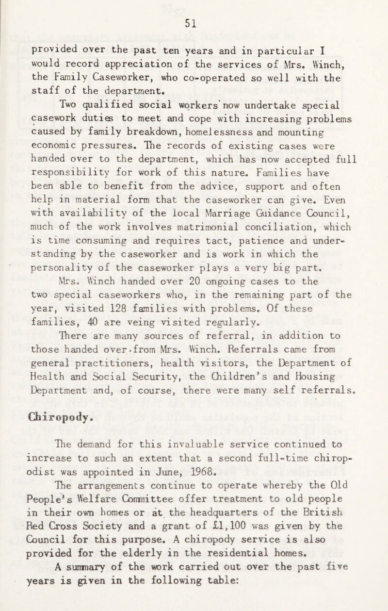 provided over the past ten years and in particular I would record appreciation of the services of Mrs. Winch, the Family Caseworker, \dio co-operated so well with the staff of the department. Two qualified social workers now undertake special casework duties to meet and cope with increasing problems caused by family breakdown, homelessness and mounting economic pressures. Tbe records of existing cases were handed over to the department, which has now accepted full responsibility for work of this nature. Families have been able to benefit from the advice, support and often help in material form that the caseworker can give. Even v.dth availability of the local Marriage Giidance Council, much of the work involves matrimonial conciliation, which is time consuming and requires tact, patience and under¬ standing by the caseworker and is work in which the personality of the caseworker plays a very big part, Mrs. Winch handed over 20 ongoing cases to the two special caseworkers who, in the remaining part of the year, visited 128 families with problems. Of these families, 40 are veing visited regularly. There are many sources of referral, in addition to those handed over»from Mrs, Winch. Referrals came from general practitioners, health visitors, the Department of Health and Social Security, the Qiildren's and Housing Department and, of course, there were many self referrals. Chiropody. The demand for this invaluable service continued to increase to such an extent that a second full-time chirop¬ odist was appointed in June, 1968. The arrangements continue to operate whereby the Old People-s Welfare Comnittee offer treatment to old people in their own homes or at the headquarters of the British Red Cross Society and a grant of £1,100 was given by the Council for this purpose. A chiropody service is also provided for the elderly in the residential homes. A suninary of the work carried out over the past five years is given in the following table: