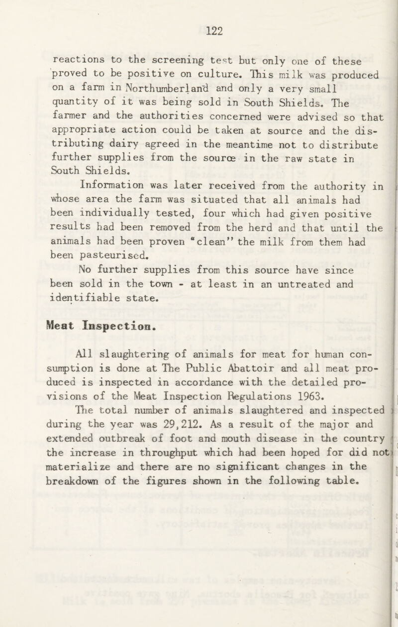 I reactions to the screening test but only one of these proved to be positive on culture. This milk was produced on a farm in Northumberlan'd and only a very small quantity of it was being sold in South Shields. Tlie farmer and the authorities concerned were advised so that appropriate action could be taken at source and the dis¬ tributing dairy agreed in the meantime not to distribute further supplies from the source in the raw state in South Shields. Information was later received from the authority in whose area the farm was situated that all animals had been individually tested, four which had given positive results had been removed from the herd and that until the animals had been proven “clean*’ the milk from them had been pasteurised. No further supplies from this source have since been sold in the town - at least in an untreated and identifiable state. Meat Inspection. All slaughtering of animals for meat for human con¬ sumption is done at The Public Abattoir and all meat pro¬ duced is inspected in accordance with the detailed pro¬ visions of the Meat Inspection Regulations 1963. Hie total number of animals slaughtered and inspected i during the year was 29,212. As a result of the major and extended outbreak of foot and mouth disease in the country j the increase in throughput which had been hoped for did notf materialize and there are no significant changes in the breakdown of the figures shown in the following table. c i’