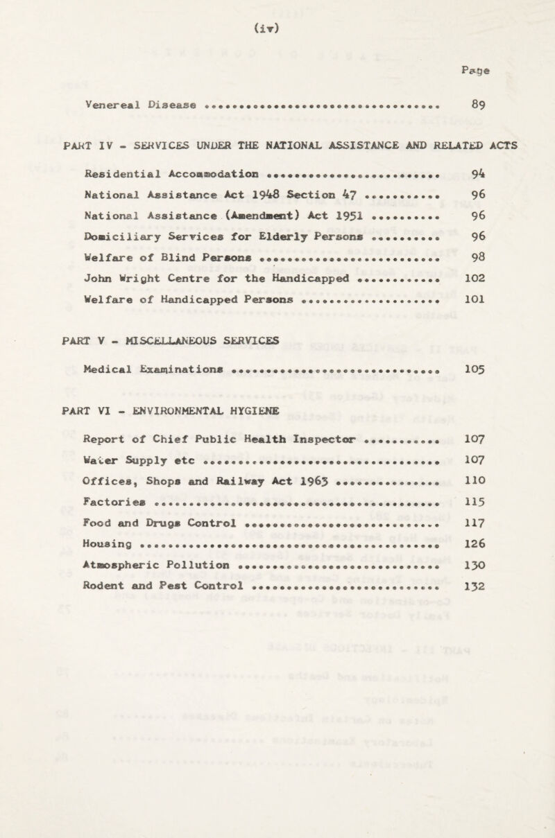 (It) Pei^e Venereal Disease •••••••••••••••••••••••••••••••••• 89 PAHT IV - SERVICES UNDER THE NATIONAL ASSISTANCE AND RELATED ACTS Residential Accoa^datiozs 94 National Assistance Act 1948 Section 4? ••••••••••• 96 National Assistance (Aaendnent} Act 1951 •••••••••• 96 Domiciliary Services for Elderly Persons .. 96 Welfare of Blind Persons •«•••«»•••••«••••••••••••• 9d John Wright Centre for the Handicapped •••••••••••• 102 Welfare of Handicapped Persons .. 101 PART V - MISCELLANEOUS SERVICES Medical Examinations •••••••••••••••••••••••••••••« I05 PART VI - ENVIRONMENTAL HYGIENE Report of Chief Public Health Inspector .. I07 Water &ipply etc •••••••••e*******..****...*......* 10? Offices, Shops and Railway Act I963 •••«••••••••••• liO Factories .. 115 Food and Ihnigs Control 117 Housing. 126 Atmospheric Pollution .. 130 Rodent and Pest Control •••••••••••••••••e********* 132