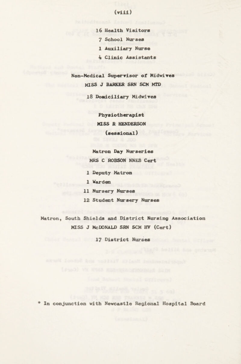 (Till) 16 Health Visitors 7 School Nurses 1 Auxiliary Nurse 4 Clinic Assistants Non-Medical Supervisor of Midwires HISS J BARKER SRN SCM MTD l8 Dosdciliary Midwirea Physiotherapist MISS R HENDERSON (sessional) Matron Day Nurseries MRS C ROBSON NNEB Cert 1 Deputy Matron 1 VardesB 11 Nursery Nurses 12 Student Nursery Nurses Matron, South Shields and District Nursing Association MISS J McDonald SRN SCH HV (Cert) 17 District Nurses * In conjunction with Newcastle Regional Hospital Board