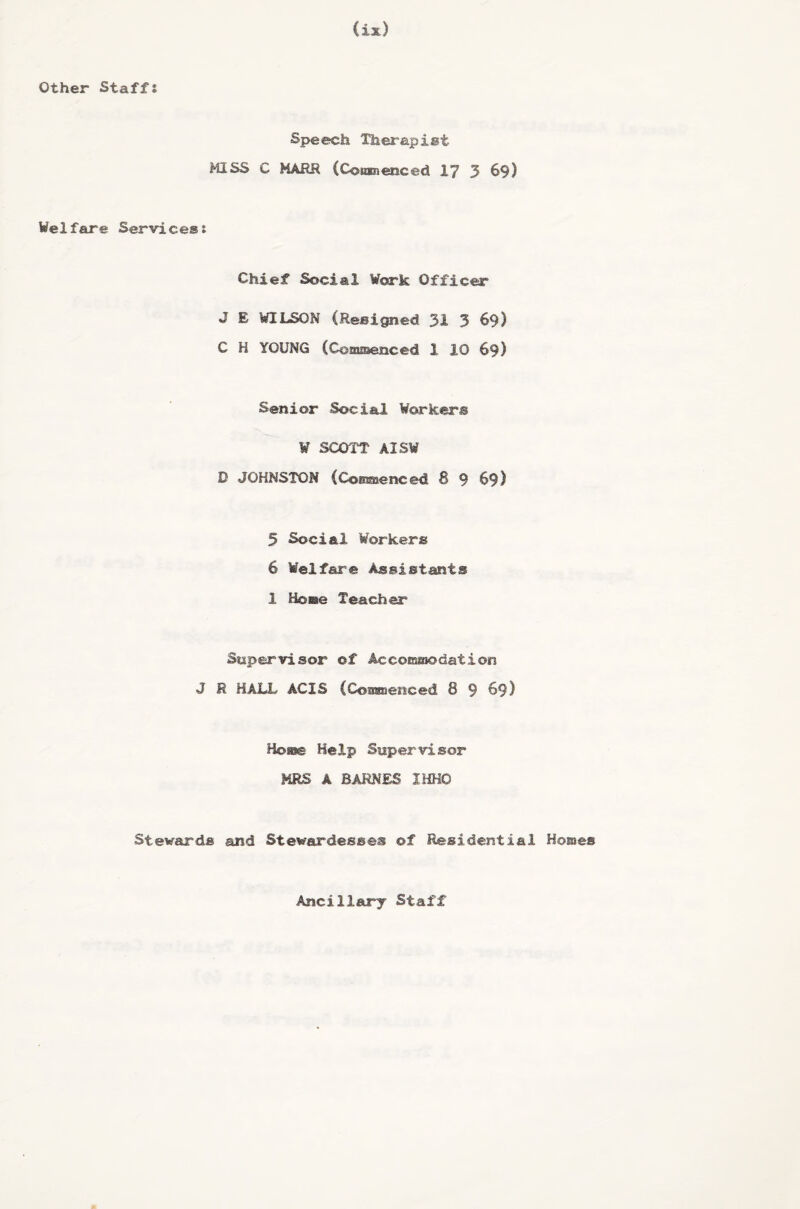 other Staff! Speech Therapist MISS C HARR (Comnenced 17 5 69) Welfare Services: Chief Social Work Officer J E WILSON (Resigned 31 3 69) C H YOUNG (Comsaenced 1 10 69) Senior Social Workers ¥ SCOTT AISW D JOHNSTON (CoQsaenced 8 9 69) 5 Social Workers 6 Welfare Assistants 1 HoBie Teacher Supervisor of Accomaiodation J R HALL ACIS (Cosscenced 8 9 69) Hos^ Help Supervisor MRS A BARNES IHHO Stewards and Stewardesses of Residential Hojaes Ancillary Staff