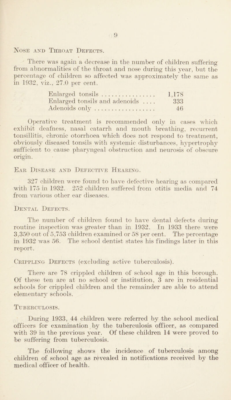 Nose and Throat Defects. There was again a decrease in the number of children suffering from abnormalities of the throat and nose during this year, but the percentage of children so affected was approximately the same as in 1932, viz., 27.0 per cent. Enlarged tonsils.. . . . . Enlarged tonsils and adenoids . . . . Adenoids only... 1,178 333 46 Operative treatment is recommended only in cases which exhibit deafness, nasal catarrh and mouth breathing, recurrent tonsillitis, chronic otorrhoea which does not respond to treatment, obviously diseased tonsils with systemic disturbances, hypertrophy sufficient to cause pharyngeal obstruction and neurosis of obscure origin. Ear Disease and Defective Hearing-. 327 children were found to have defective hearing as compared with 175 in 1932. 252 children suffered from otitis media and 74 from various other ear diseases. Dental Defects. The number of children found to have dental defects during routine inspection was greater than in 1932. In 1933 there were 3,350 out of 5,753 children examined or 58 per cent. The percentage in 1932 was 56. The school dentist states his findings later in this report. Cripplinc Defects (excluding active tuberculosis). There are 78 crippled children of school age in this borough. Of these ten are at no school or institution, 3 are in residential schools for crippled children and the remainder are able to attend elementary schools. Tuberculosis. During 1933, 44 children were referred by the school medical officers for examination by the tuberculosis officer, as compared with 39 in the previous year. Of these children 14 were proved to be suffering from tuberculosis. The following shows the incidence of tuberculosis among children of school age as revealed in notifications received by the medical officer of health.