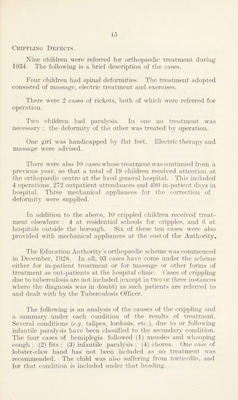 Crippling Defects. Nine children were referred for orthopaedic treatment during 1934. The following is a brief description of the cases. Four children had spinal deformities. The treatment adopted consisted of massage, electric treatment and exercises. There were 2 cases of rickets, both of which were referred for operation. Two children had paralysis. In one no treatment was necessary ; the deformity of the other was treated by operation. One girl was handicapped by flat feet. Electric therapy and massage were advised. There were also 10 cases whose treatment was continued from a previous year, so that a total of 19 children received attention at the orthopaedic centre at the local general hospital. This included 4 operations, 272 outpatient attendances and 499 in-patient days in hospital. Three mechanical appliances for the correction of deformity were supplied. In addition to the above, 10 crippled children received treat¬ ment elsewhere : 4 at residential schools for cripples, and 6 at hospitals outside the borough. Six of these ten cases were also provided with mechanical appliances at the cost of the Authority. The Education Authority’s orthopaedic scheme was commenced in December, 1928. In all, 93 cases have come under the scheme either for in-patient treatment or for massage or other forms of treatment as out-patients at the hospital clinic. Cases of crippling due to tuberculosis are not included (except in two or three instances where the diagnosis was in doubt) as such patients are referred to and dealt with by the Tuberculosis Officer. The following is an analysis of the causes of the crippling and a summary under each condition of the results of treatment. Several conditions {e.g. talipes, lordosis, etc.), due to or following infantile paralysis have been classified to the secondary condition. The four cases of hemiplegia followed (1) measles and whooping cough ; (2) fits ; (3) infantile paralysis ; (4) chorea. One case of lobster-claw hand has not been included as no treatment was recommended. The child was also suffering from torticollis, and for that condition is included under that heading.