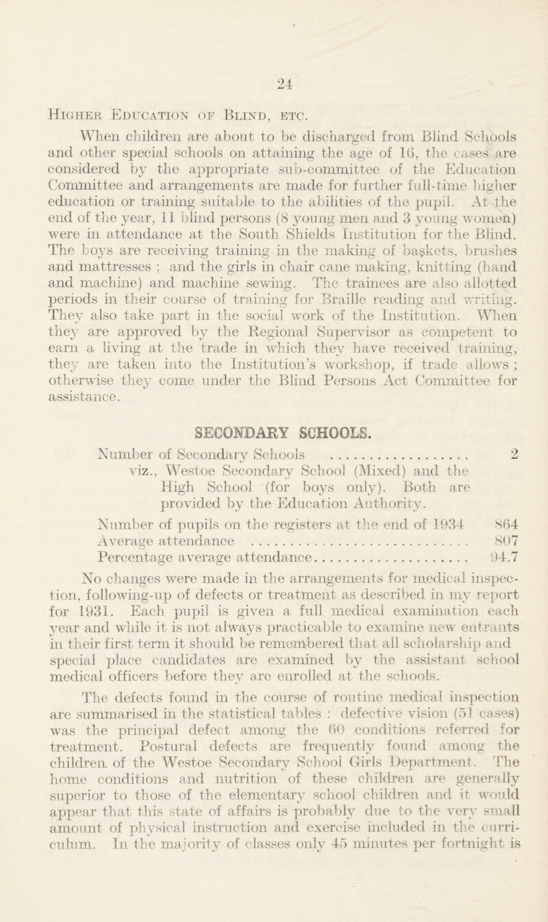 Higher Education of Blind, etc. When children are about to be discharged from Blind Scliools and other special schools on attaining the age of 16, the cases are considered by the appropriate sub-committee of the Education Committee and arrangements are made for further full-time Ingher education or training suitable to the abilities of the pupil. At the end of the year, 11 blind persons (8 young men and 3 young women) were in attendance at the South Shields Institution for the Blind. The boys are receiving training in the making of baskets, brushes and mattresses ; and the girls in chair cane making, knitting (hand and machine) and machine sewing. The trainees are also allotted periods in their course of training for Braille reading and vTiting. They also take part in the social work of the Institution. When they are approved by the Regional Supervisor as competent to earn a living at the trade in which they have received training, they are taken into the Institution’s workshop, if trade allows ; otherwise they come under the Blind Persons Act Committee for assistance. SECONDARY SCHOOLS. Number of Secondary Schools . viz., Westoe Secondary School (Mixed) and the High School (for boys only). Both are provided by the Education Authority. Number of pupils on the registers at tlie end of 1934 S64 Average attendance .. . 807 Percentage average attendance... 94.7 No changes were made in the arrangements for medical iirspec- tion, following-up of defects or treatment as described in my report for 1931. Each pupil is given a full medical examination each year and while it is not always practicable to examine new entrants in their first term it should be remembered that all scholarship and special place candidates are examined by the assistant school medical officers before they are enrolled at the schools. The defects found in the course of routine medical inspection are summarised in the statistical tables : defective vision (51 cases) was the principal defect among the 60 conditions referred for treatment. Postural defects are frequently found among the children, of the Westoe Secondary School Girls Department. The home conditions and nutrition of these children are generally superior to those of the elementary school children and it would appear that this state of affairs is probably due to the very small amount of physical instruction and exercise included in the curri¬ culum. In the majority of classes only 45 minutes per fortnight is