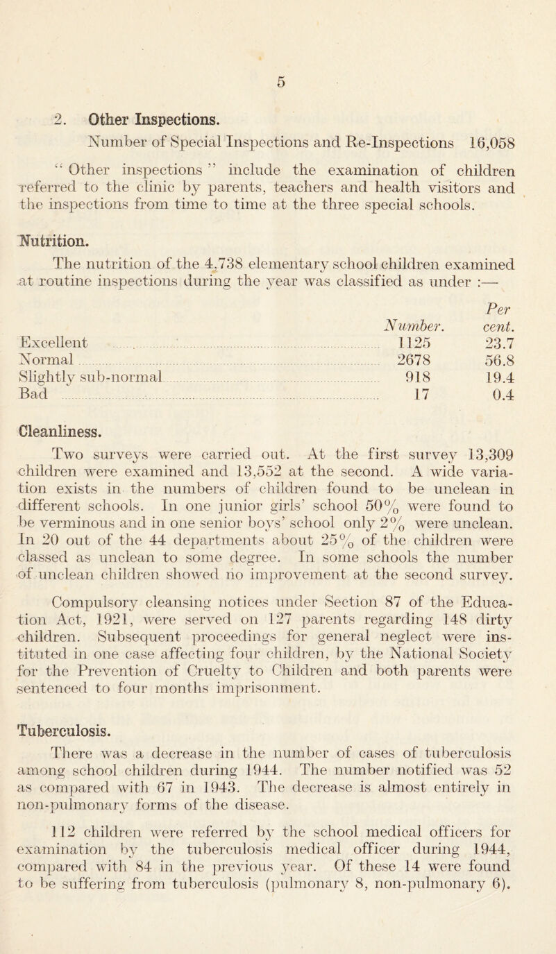 2. Other Inspections. Number of Special Inspections and Re-Inspections 16,058 “ Other inspections ” include the examination of children referred to the clinic by parents, teachers and health visitors and the inspections from time to time at the three special schools. Nutrition. The nutrition of the 4,738 elementary school children examined .at routine inspections during the year was classified as under :— Per Number. cent. Excellent .. 1125 23.7 Normal. . 2678 56.8 Slightly sub-normal . 918 19.4 Rad .. . 17 0.4 Cleanliness. Two surveys were carried out. At the first survey 13,309 children were examined and 13,552 at the second. A wide varia¬ tion exists in the numbers of children found to be unclean in different schools. In one junior girls’ school 50% were found to be verminous and in one senior boys’ school only 2% were unclean. In 20 out of the 44 departments about 25% of the children were classed as unclean to some degree. In some schools the number of unclean children showed no improvement at the second survey. Compulsory cleansing notices under Section 87 of the Educa¬ tion Act, 1921, were served on 127 parents regarding 148 dirty children. Subsequent proceedings for general neglect were ins¬ tituted in one case affecting four children, by the National Society for the Prevention of Cruelty to Children and both parents were sentenced to four months imprisonment. Tuberculosis. There was a decrease in the number of cases of tuberculosis among school children during 1944. The number notified was 52 as compared with 67 in 1943. The decrease is almost entirely in non-pulmonary forms of the disease. 112 children were referred by the school medical officers for examination by the tuberculosis medical officer during 1944, compared with 84 in the previous year. Of these 14 were found to be suffering from tuberculosis (pulmonary 8, non-pulmonary 6).