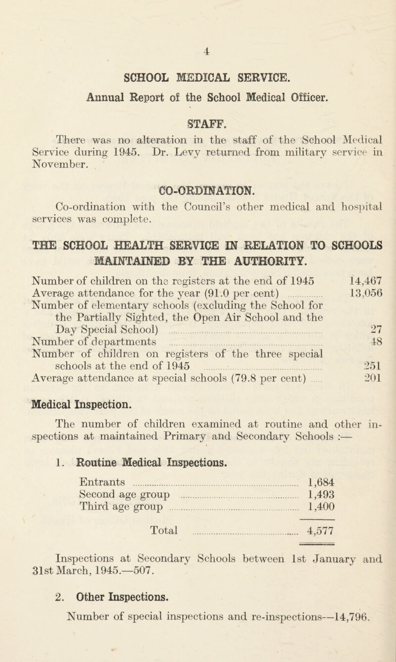 SCHOOL MEDICAL SERVICE. Annual Report of the School Medical Officer. STAFF. There was no alteration in the staff of the School Medical Service during 1945. Dr. Levy returned from military service in November. CO-ORDINATION. Co-ordination with the Council’s other medical and hos]ntal services was complete. THE SCHOOL HEALTH SERVICE IN RELATION TO SCHOOLS MAINTAINED BY THE AUTHORITY. Number of children on the registers at the end of 1945 14,467 Average attendance for the year (91.0 per cent) 13,056 Number of elementary schools (excluding the School for the Partially Sighted, the Open Air School and the Da^y Special School) . 27 Number of departments . 48 Number of children on registers of the three special schools at the end of 1945 251 Average attendance at special schools (79.8 per cent) . 201 Medical Inspection. The number of children examined at routine and other in¬ spections at maintained Primary and Secondary Schools :— 1. Routine Medical Inspections. Entrants . 1,684 Second age group . 1,493 Third age group . 1,400 Total . 4,577 Inspections at Secondary Schools between 1st January and 31st March, 1945.—507. 2. Other Inspections. Number of special inspections and re-inspections—14,796.