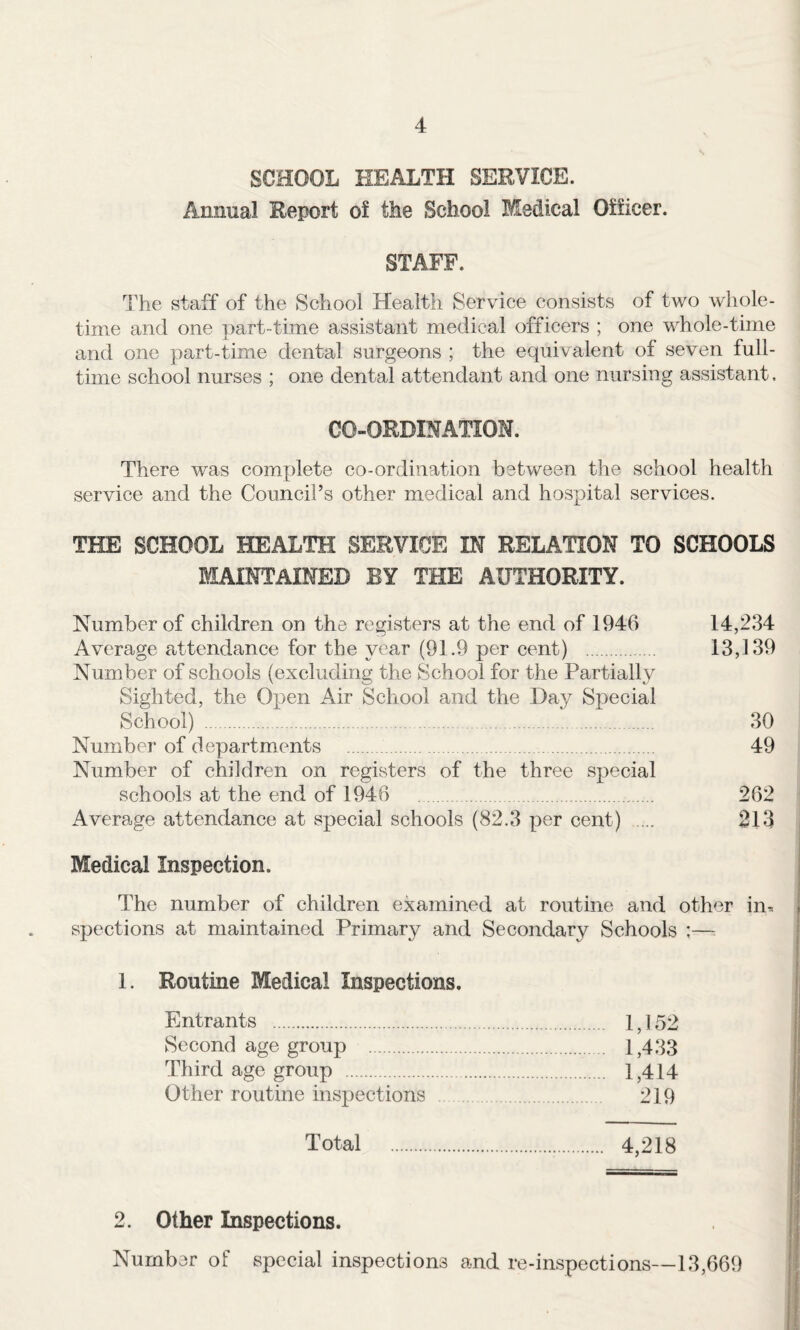 SCHOOL HEALTH SERVICE. Annual Report of the School Medical Officer. STAFF. The staff of the School Health Service consists of two whole- time and one part-time assistant medical officers ; one whole-time and one part-time dental surgeons ; the equivalent of seven full¬ time school nurses ; one dental attendant and one nursing assistant. CO-ORDINATION. There was complete co-ordination between the school health service and the Council’s other medical and hospital services. THE SCHOOL HEALTH SERVICE IN RELATION TO SCHOOLS MAINTAINED BY THE AUTHORITY. Number of children on the registers at the end of 1946 14,234 Average attendance for the year (91.9 per cent) . 13,139 Number of schools (excluding the School for the Partially Sighted, the Open Air School and the Day Special School) . 30 Number of departments . 49 Number of children on registers of the three special schools at the end of 1946 262 Average attendance at special schools (82.3 per cent) . 213 Medical Inspection. The number of children examined at routine and other in^ spections at maintained Primary and Secondary Schools :—= 1. Routine Medical Inspections. Entrants . 1, ] 52 Second age group . 1,433 Third age group . 1,414 Other routine inspections . 219 Total .. 4,218 2. Other Inspections. Number of special inspections and re-inspections—13,669