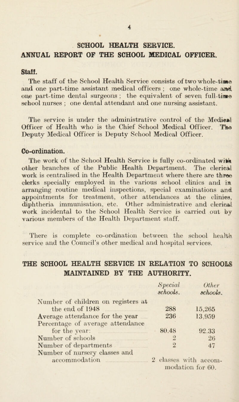 SCHOOL HEALTH SERVICE. ANNUAL REPORT OF THE SCHOOL MEDICAL OFFICER. Staff. The staff of the School Health Service consists of two whole-tu»e and one part-time assistant medical officers ; one whole-time anid. one part-time dental surgeons ; the equivalent of seven, full-tiat© school nurses ; one dental attendant and one nursing assistant. The service is under the administrative control of the Medieal Officer of Health who is the Chief School Medical Officer. Tka Deputy Medical Officer is Deputy School Medical Officer. Co-ordination. The work of the School Health Service is fully co-ordinated wikk other branches of the Public Health Department. The clerical work is centralised in the Health Department where there are three clerks specially employed in the various school clinics and in arranging routine medical inspections, special examinations and appointments for treatment, other attendances at the clinies, diphtheria immunisation, etc. Other administrative and clerical work incidental to the School Health Service is carried out by various members of the Health Department staff. There is complete co-ordination between the school health service and the Council’s other medical and hospital services. THE SCHOOL HEALTH SERVICE IN RELATION TO SCHOOLS MAINTAINED BY THE AUTHORITY. Number of children on registers at Special schools. Other schools. the end of 1948 288 15,265 Average attendance for the year Percentage of average attendance 236 13,959 for the year; 80.48 92.33 Number of schools 2 26 Number of departments Number of nursery classes and 2 47 accommodation 2 (‘lasses with accom¬ modation for 60.