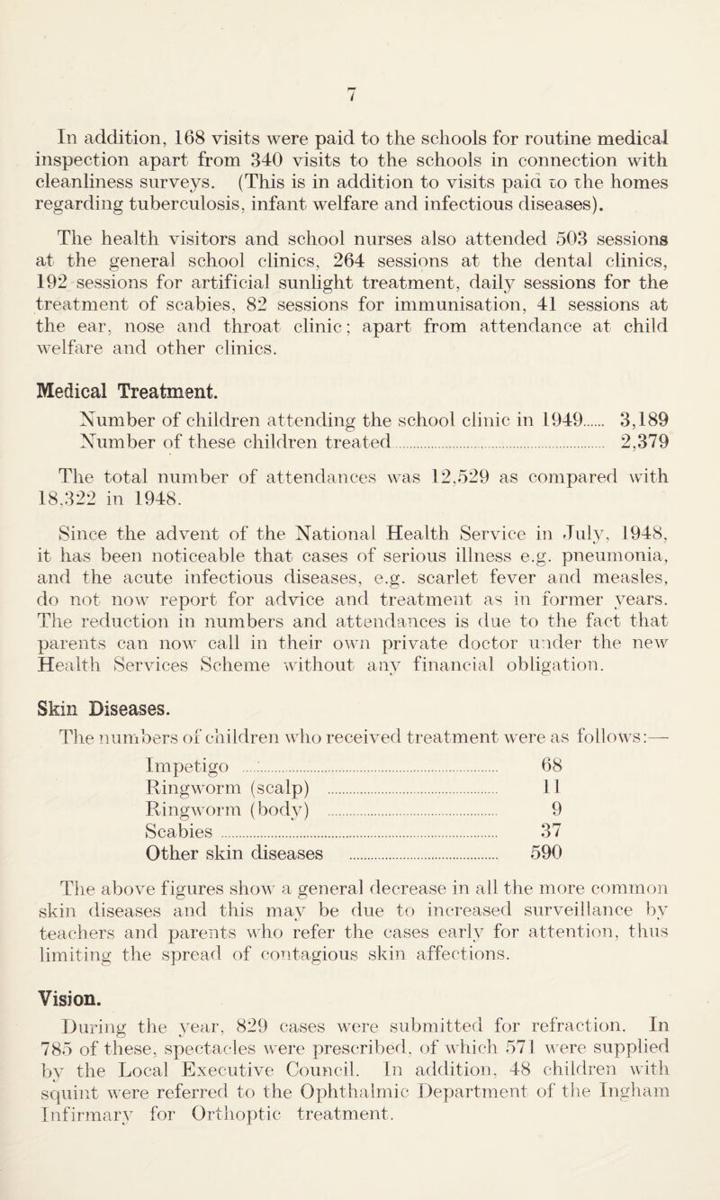 In addition, 168 visits were paid to the schools for routine medical inspection apart from 340 visits to the schools in connection with cleanliness surveys. (This is in addition to visits paid ro the homes regarding tuberculosis, infant welfare and infectious diseases). The health visitors and school nurses also attended 503 sessions at the general school clinics, 264 sessions at the dental clinics, 192 sessions for artificial sunlight treatment, daily sessions for the treatment of scabies, 82 sessions for immunisation, 41 sessions at the ear, nose and throat clinic; apart from attendance at child welfare and other clinics. Medical Treatment. Number of children attending the school clinic in 1949. 3,189 Number of these children treated. 2,379 The total number of attendances was 12,529 as compared with 18.322 in 1948. Since the advent of the National Health Service in July, 1948, it has been noticeable that cases of serious illness e.g. pneumonia, and the acute infectious diseases, e.g. scarlet fever and measles, do not now report for advice and treatment as in former years. The reduction in numbers and attendances is due to the fact- that parents can now call in their own private doctor under the new Health Services Scheme without any financial obligation. Skin Diseases. The numbers of children who received treatment were as follows:— Impetigo .. 68 Ringworm (scalp) . 11 Ringworm (body) . 9 Scabies . 37 Other skin diseases . 590 The above figures show a general decrease in all the more common skin diseases and this may be due to increased surveillance by teachers and parents who refer the cases early for attention, thus limiting the spread of contagious skin affections. Vision. During the year, 829 cases were submitted for refraction. In 785 of these, spectacles were prescribed, of which 571 were supplied by the Local Executive Council. In addition, 48 children with squint were referred to the Ophthalmic Department of the Ingham Infirmary for Orthoptic treatment.