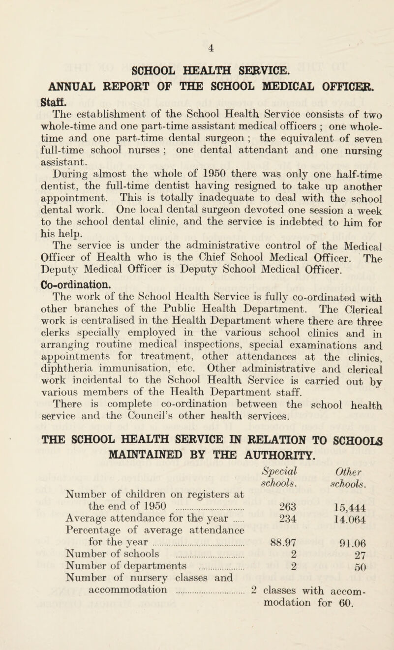 SCHOOL HEALTH SERVICE. ANNUAL REPORT OF THE SCHOOL MEDICAL OFFICER. Staff. The establishment of the School Health Service consists of two whole-time and one part-time assistant medical officers ; one whole¬ time and one part-time dental surgeon ; the equivalent of seven full-time school nurses ; one dental attendant and one nursing assistant. During almost the whole of 1950 there was only one half-time dentist, the full-time dentist having resigned to take up another appointment. This is totally inadequate to deal with the school dental work. One local dental surgeon devoted one session a week to the school dental clinic, and the service is indebted to him for his help. The service is under the administrative control of the Medical Officer of Health who is the Chief School Medical Officer. The Deputy Medical Officer is Deputy School Medical Officer. Co-ordination. The work of the School Health Service is fully co-ordinated with other branches of the Public Health Department. The Clerical work is centralised in the Health Department where there are three clerks specially employed in the various school clinics and in arranging routine medical inspections, special examinations and appointments for treatment, other attendances at the chnics, diphtheria immunisation, etc. Other administrative and clerical work incidental to the School Health Service is carried out by various members of the Health Department staff. There is complete co-ordination between the school health service and the Council’s other health services. THE SCHOOL HEALTH SERVICE IN RELATION TO MAINTAINED BY THE AUTHORITY. Special schools. Number of children on registers at SCHOOLS Other schools. the end of 1950 . 263 15,444 Average attendance for the year . Percentage of average attendance 234 14.064 for the year . 88.97 91.06 Number of schools . 2 27 Number of departments . Number of nursery classes and 2 50 accommodation . 2 classes with accom¬ modation for 60.