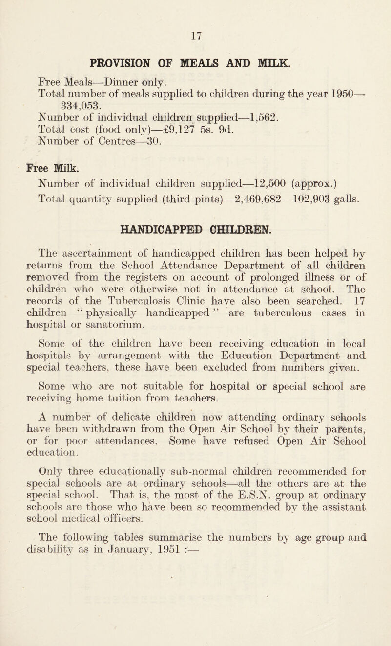 PROVISION OF MEALS AND MILK. Free Meals—Dinner only. Total number of meals supplied to children during the year 1950—- 334,053. Number of individual children supplied—1,562. Total cost (food only)—£9,127 5s. 9d. Number of Centres—30. Free Milk. Number of individual children supplied—12,500 (approx.) Total quantity supplied (third pints)—2,469,682—102,903 galls. HANDICAPPED CHILDREN. The ascertainment of handicapped children has been helped by returns from the School Attendance Department of all children removed from the registers on account of prolonged illness or of children who were otherwise not in attendance at school. The records of the Tuberculosis Clinic have also been searched. 17 children ‘‘ physically handicapped ” are tuberculous cases in hospital or sanatorium. Some of the children have been receiving education in local hospitals b}^ arrangement with the Education Department and special teachers, these have been excluded from numbers given. Some who are not suitable for hospital or special school are receiving home tuition from teachers. A number of delicate children now attending ordinary schools have been withdrawn from the Open Air School by their parents, or for poor attendances. Some have refused Open Air School education. Only three educationally sub-normal children recommended for special schools are at ordinary schools—all the others are at the special school. That is, the most of the E.S.N. group at ordinary schools are those who have been so recommended by the assistant school medical officers. The following tables summarise the numbers by age group and disability as in January, 1951 r—