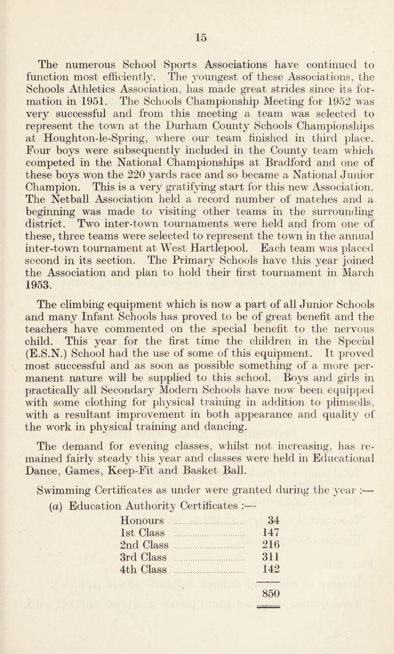 The numerous School Sports Associations have continued to function most efficiently. The y^oungest of these Associations, the Schools Athletics Association, has made gi'eat strides since its for¬ mation in 1951. The Schools Championship Meeting for 1952 was very successful and from this meeting a team was selected to represent the town at the Durham County Schools Championships at Houghton-le-Spring, Avhere our team finished in tliird place. Four boys were subsequently included in the County team which competed in the National Championships at Bradford and one of these boys won the 220 yards race and so became a National Junior Champion. This is a very gratifying start for this new Association. The Netball Association held a record number of matches and a beginning was made to visiting other teams in the surrounding district. Two inter-town tournaments were held and from one of these, three teams were selected to represent the town in the annual inter-town tournament at West Hartlepool. Each team was placed second in its section. The Primary Schools have this year joined the Association and plan to hold their first tournament in March 1953. The climbing equipment which is now a part of all Junior Schools and many Infant Schools has proved to be of great benefit and the teachers have commented on the special benefit to the nervous child. This year for the first time the children in the Special (E.S.N.) School had the use of some of this equipment. It proved most successful and as soon as possible something of a more per¬ manent nature will be supplied to this school. Boys and girls in practically all Secondary Modern Schools have now been equipped with some clothing for physical training in addition to plimsolls, with a resultant improvement in both appearance and quality of the work in physical training and dancing. The demand for evening classes, whilst not increasing, has re¬ mained fairly steady this year and classes were held in Educational Dance, Games, Keep-Fit and Basket Ball. Swimming Certificates as under were granted during the year ;— (a) Education Authority Certificates :— Honours 34 1st Class . 147 2nd Class . 216 3rd Class . 311 4th Class . 142 850