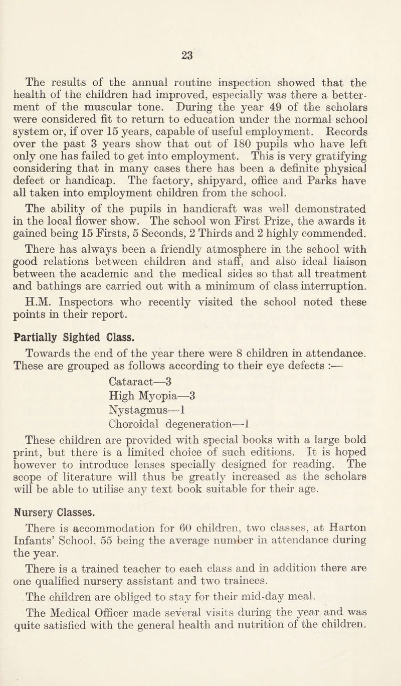 The results of the annual routine inspection showed that the health of the children had improved, especially was there a better¬ ment of the muscular tone. During the year 49 of the scholars were considered fit to return to education under the normal school system or, if over 15 years, capable of useful employment. Records over the past 3 years show that out of 180 pupils who have left only one has failed to get into employment. This is very gratifying considering that in many cases there has been a definite physical defect or handicap. The factory, shipyard, office and Parks have all taken into employment children from the school. The ability of the pupils in handicraft was well demonstrated in the local flower show. The school won First Prize, the awards it gained being 15 Firsts, 5 Seconds, 2 Thirds and 2 highly commended. There has always been a friendly atmosphere in the school with good relations between children and staff, and also ideal liaison between the academic and the medical sides so that all treatment and bathings are carried out with a minimum of class interruption. H.M. Inspectors who recently visited the school noted these points in their report. Partially Sighted Class. Towards the end of the year there were 8 children in attendance. These are grouped as follows according to their eye defects :— Cataract—3 High Myopia—-3 Nystagmus—1 Choroidal degeneration—1 These children are provided with special books with a large bold print, but there is a limited choice of such editions. It is hoped however to introduce lenses specially designed for reading. The scope of literature will thus be greatly increased as the scholars will be able to utilise any text book suitable for their age. Nursery Classes. There is accommodation for 60 children, two classes, at Harton Infants’ School, 55 being the average number in attendance during the year. There is a trained teacher to each class and in addition there are one qualified nursery assistant and two trainees. The children are obliged to stay for their mid-day meal. The Medical Officer made several visits during the year and was quite satisfied with the general health and nutrition of the children.